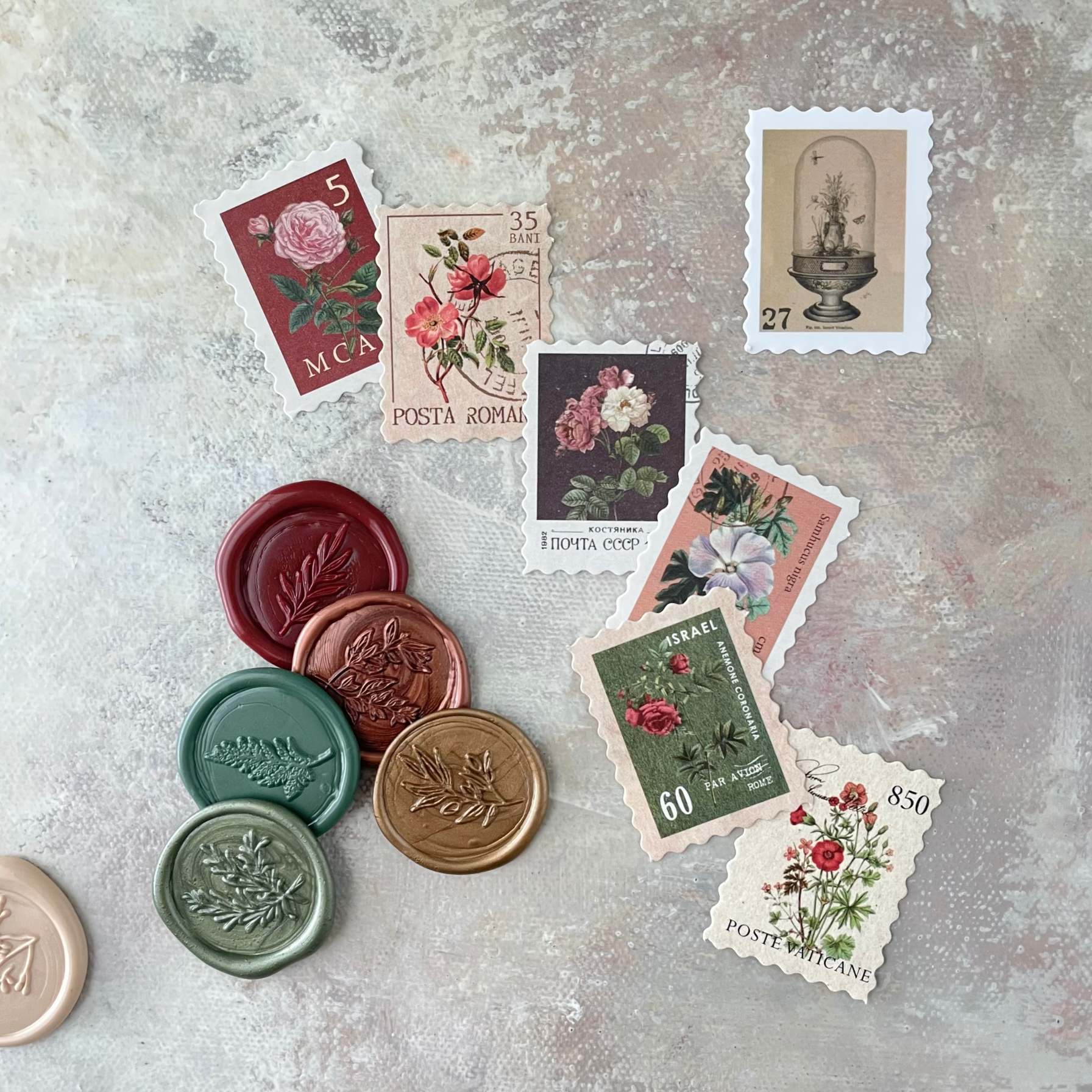 Terracotta & Olive Postage Stamp & Seals for Flat lay