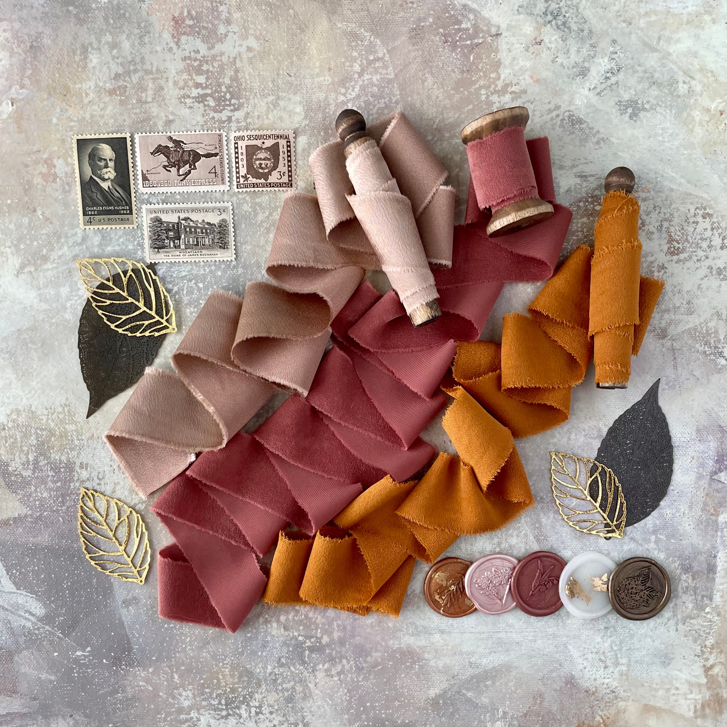 4 vintage stamps, 5 wax seals, 5 metal styling leaves, 3 spools of ribbon - Wedding Flat lay props from Champagne & GRIT
