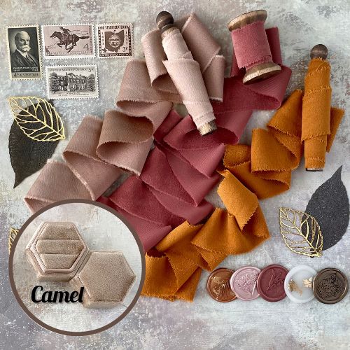 camel ring box, 4 vintage stamps, 5 wax seals, 5 metal styling leaves, 3 spools of ribbon - Wedding Flat lay props from Champagne & GRIT