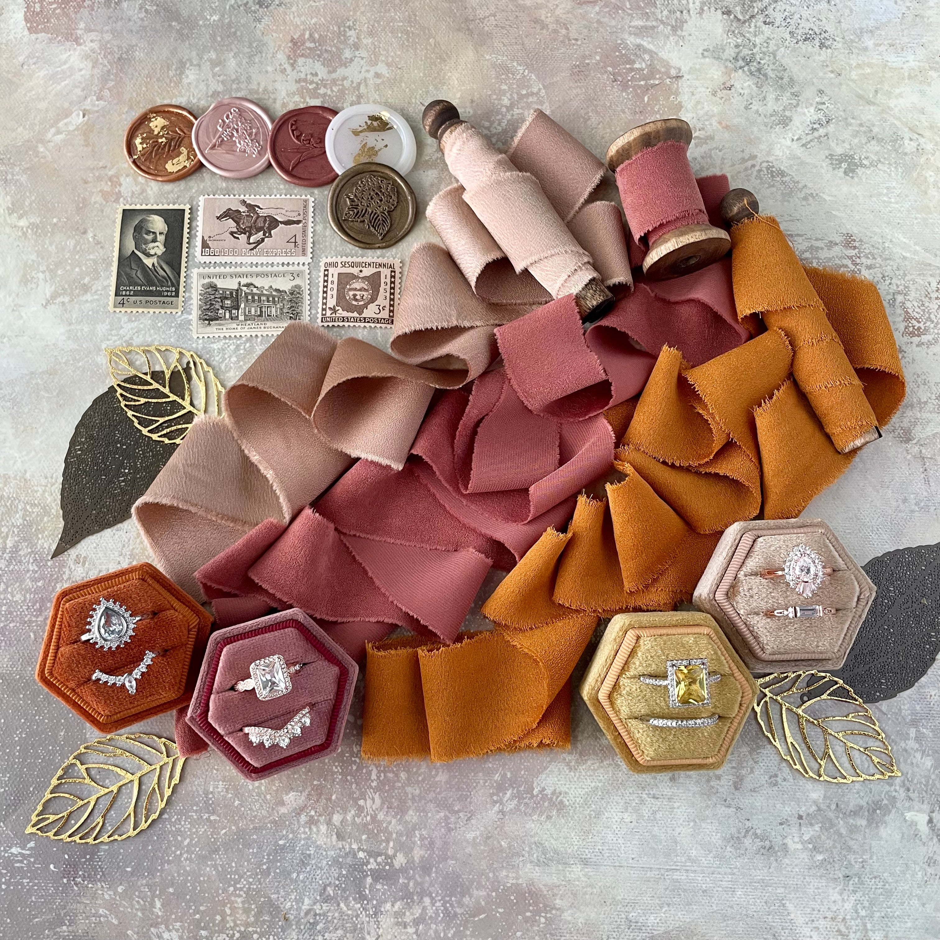 Rust & Terracotta Flat Lay Prop Styling Kit including burnt orange ring box, desert rose ringbox, antique gold ring box, camel ring box, 4 vintage stamps, 5 wax seals, 5 metal styling leaves, 3 spools of ribbon - Wedding Flat lay props from Champagne & GRIT