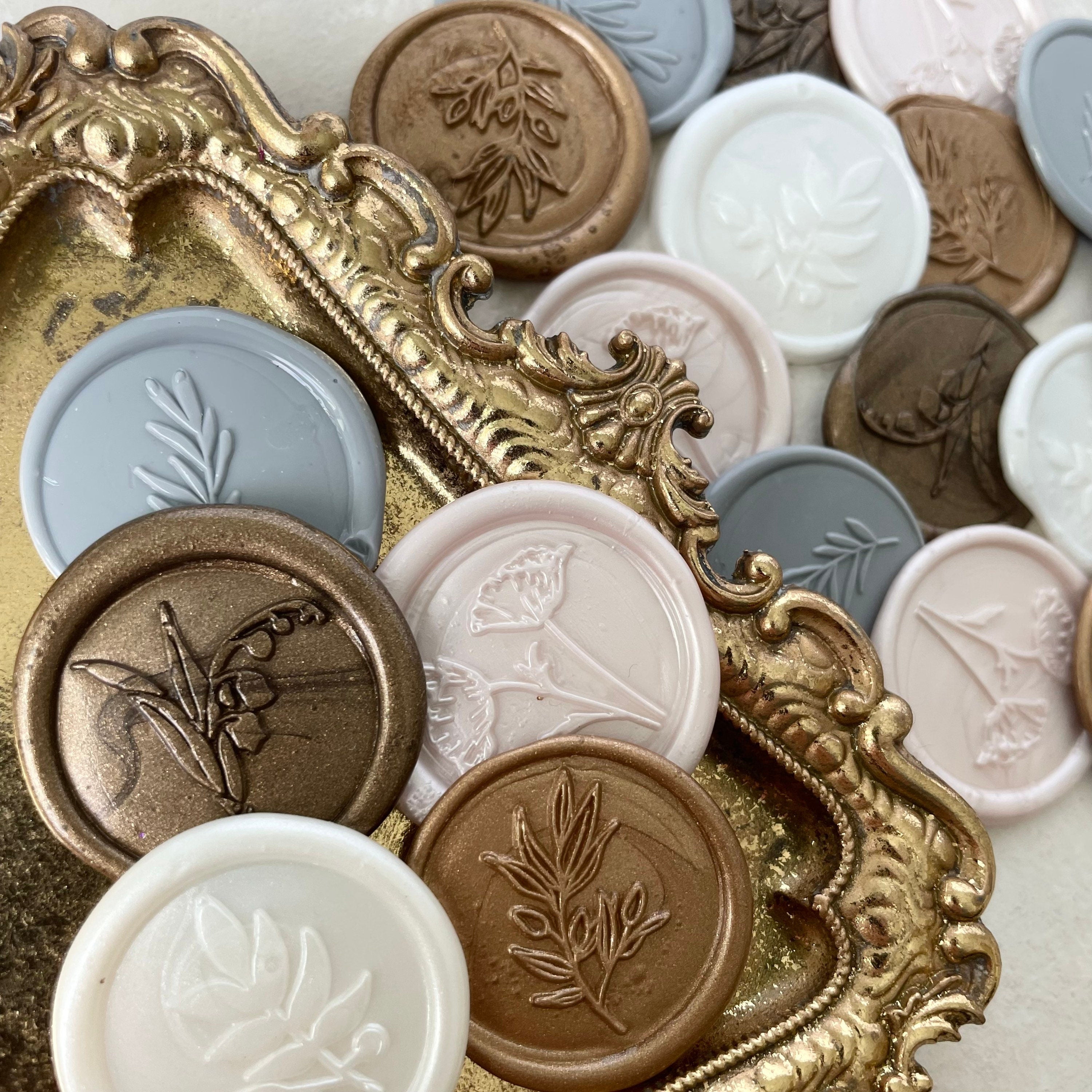 Collection of Classic neutral color pallet Wax Seals styled on gold tray - wedding flat lay props from Champagne & GRIT