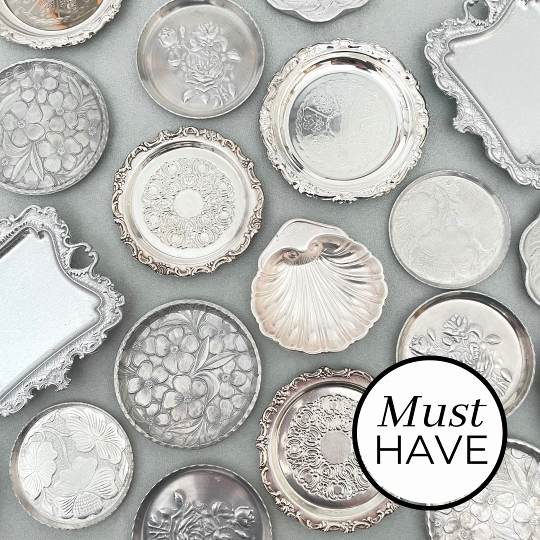 Collection of vintage silver mini styling trays and dishes, must have wedding flat lay props from Champagne & GRIT