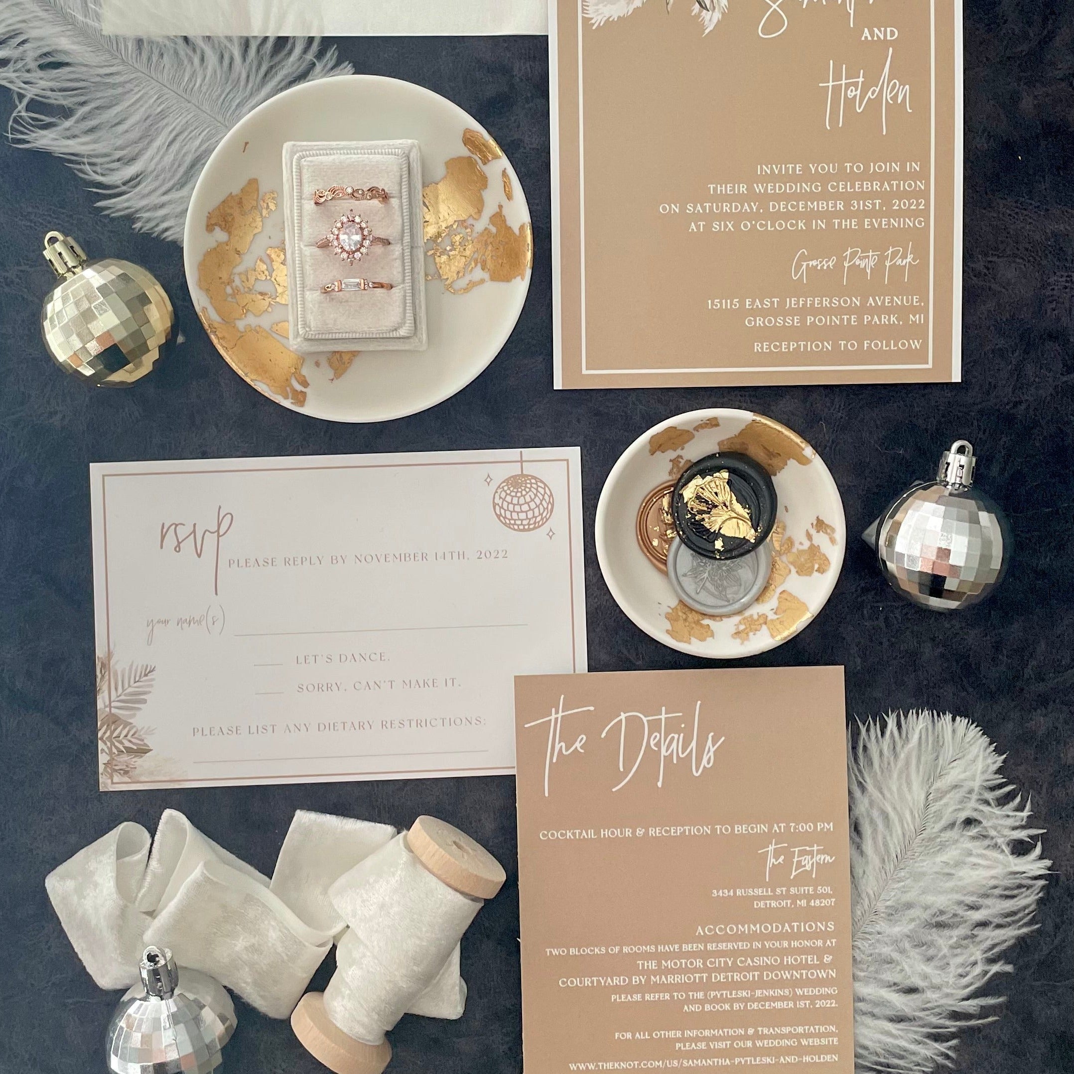 White and gold wedding flat lay with wedding invitation, white triple slot  ring box, white velvet ribbon, was seals in white and gold dish - Wedding Flat lay props from Champagne & GRIT