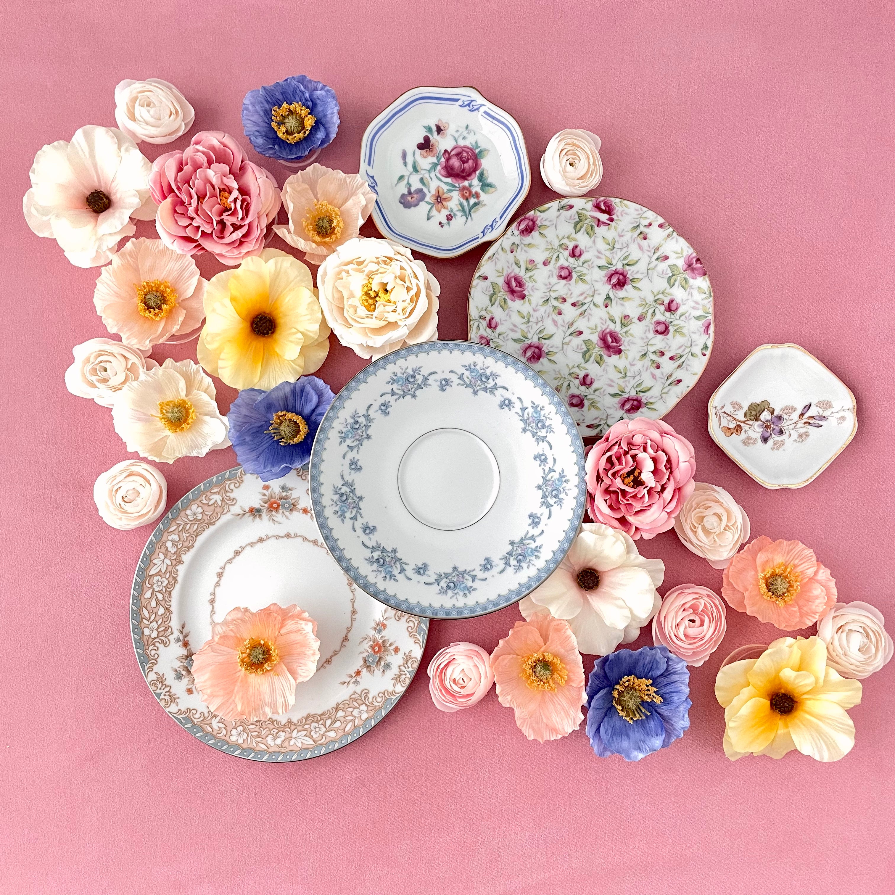 Example of floral rise kit being use on vintage dishes and florals - Wedding Flat lay props from Champagne & GRIT