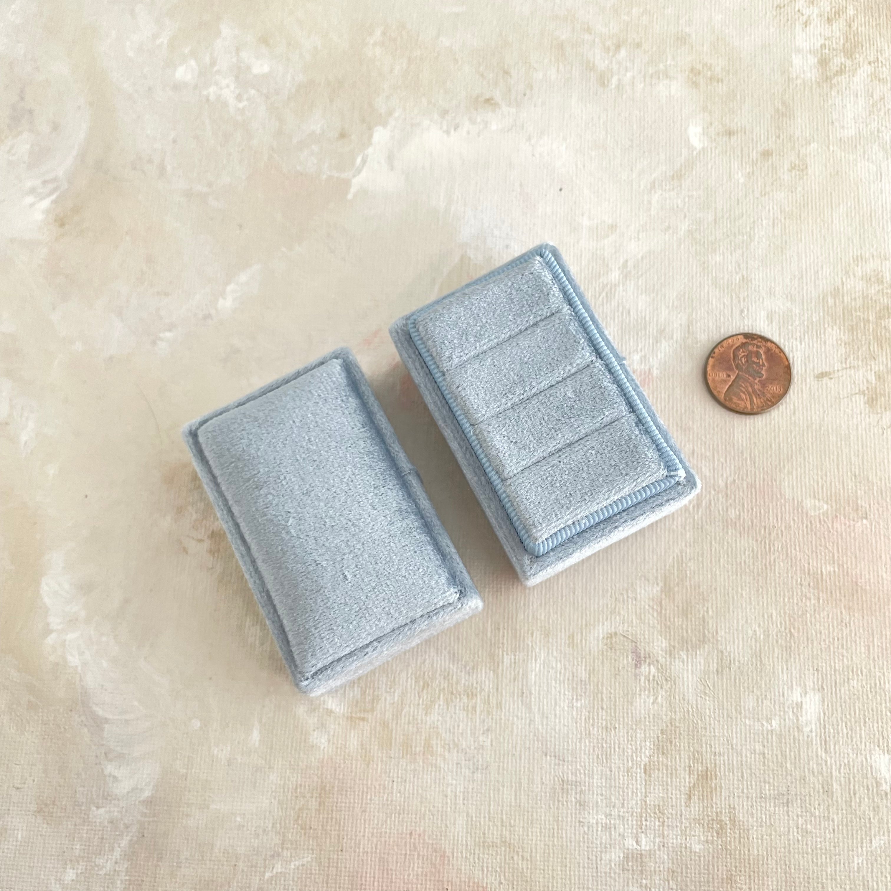 Dusty Blue 3 slot ring box with penny beside for size reference   - Wedding Flat lay props from Champagne & GRIT