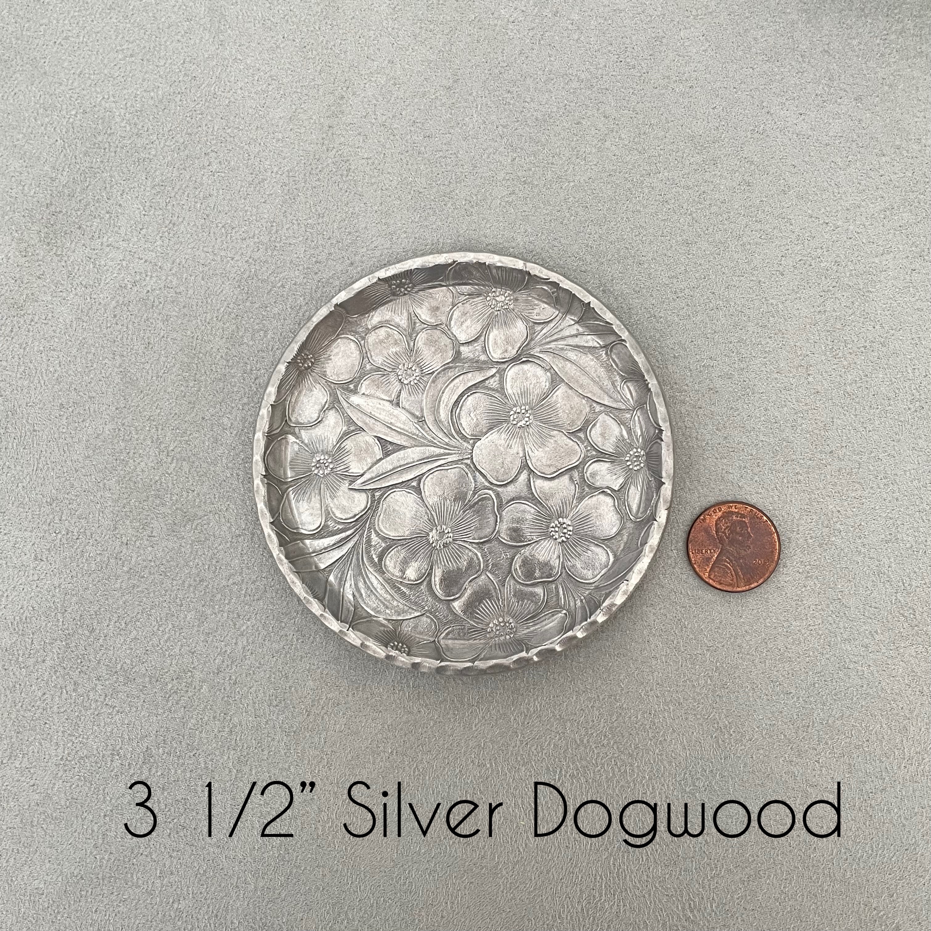 3 1/2 inch Silver round dish with penny beside for size reference - Flat lay props from Champagne & GRIT