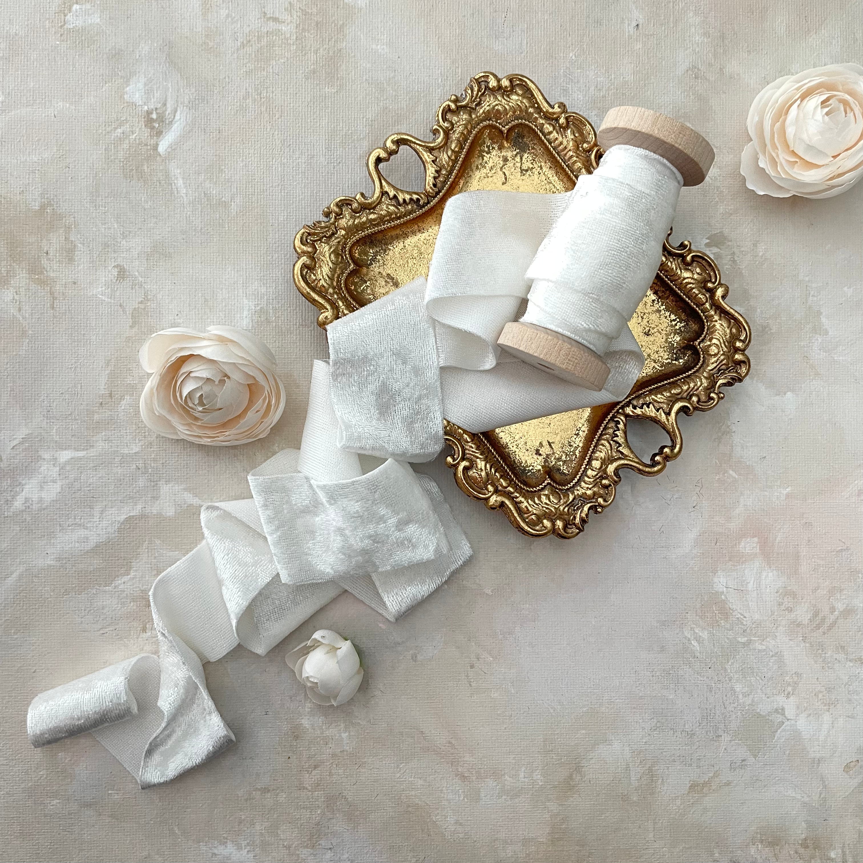 white velvet ribbon in vintage gold dish -  Wedding Flat lay props from Champagne & GRIT