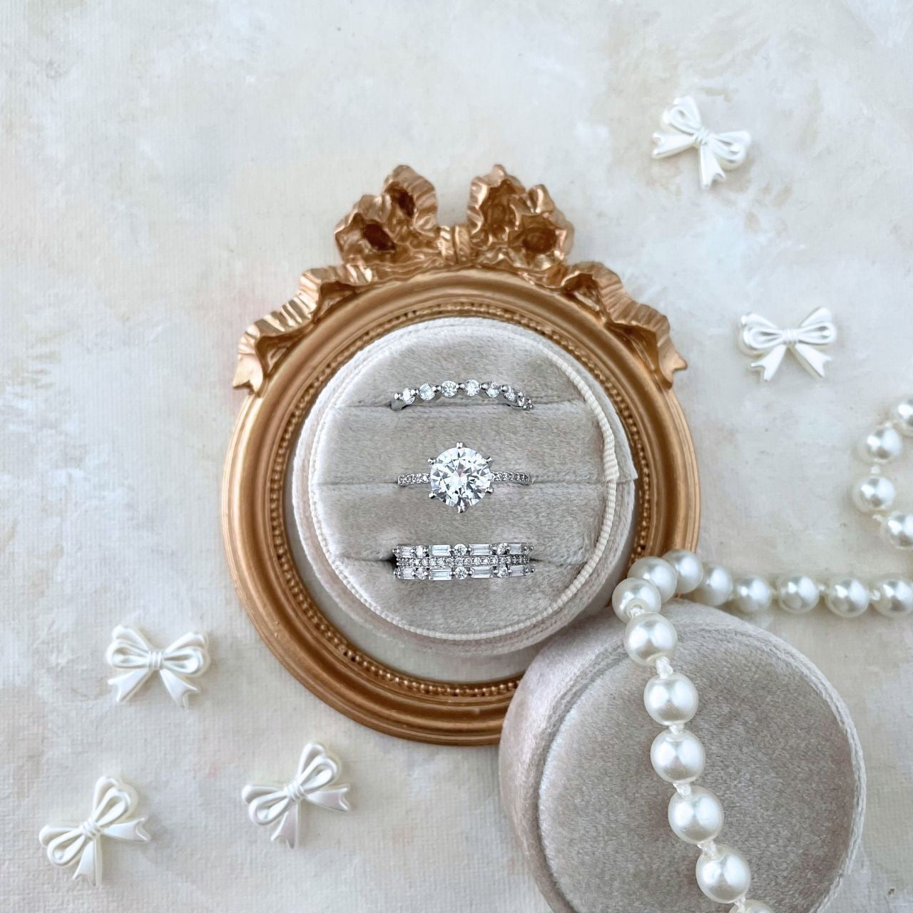 Wedding Ring Box Champagne Velvet ~ Triple Slot Round