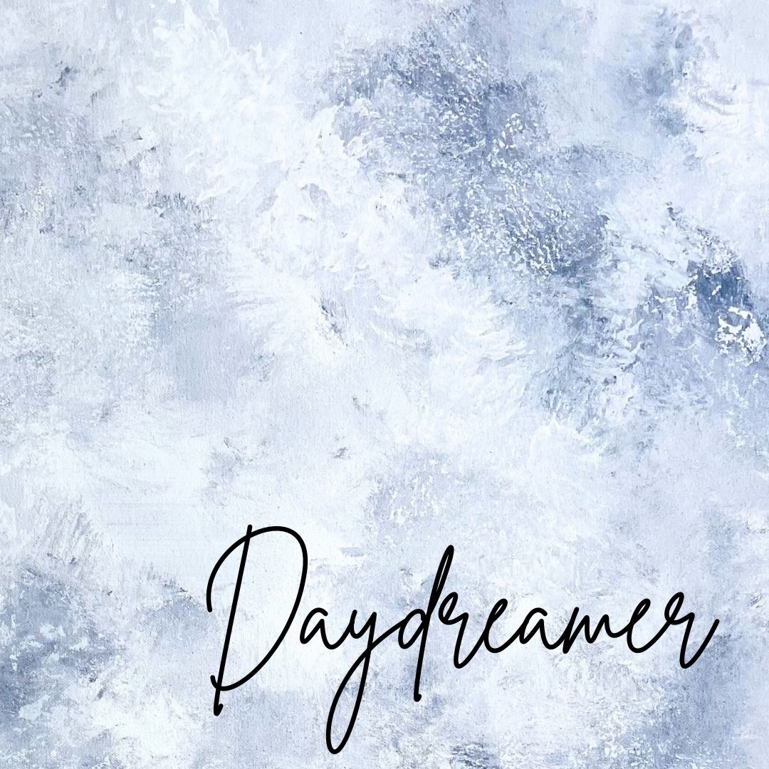 Hand painted light blue & white painted Styling Canvas - Daydreamer, used for wedding flatlays