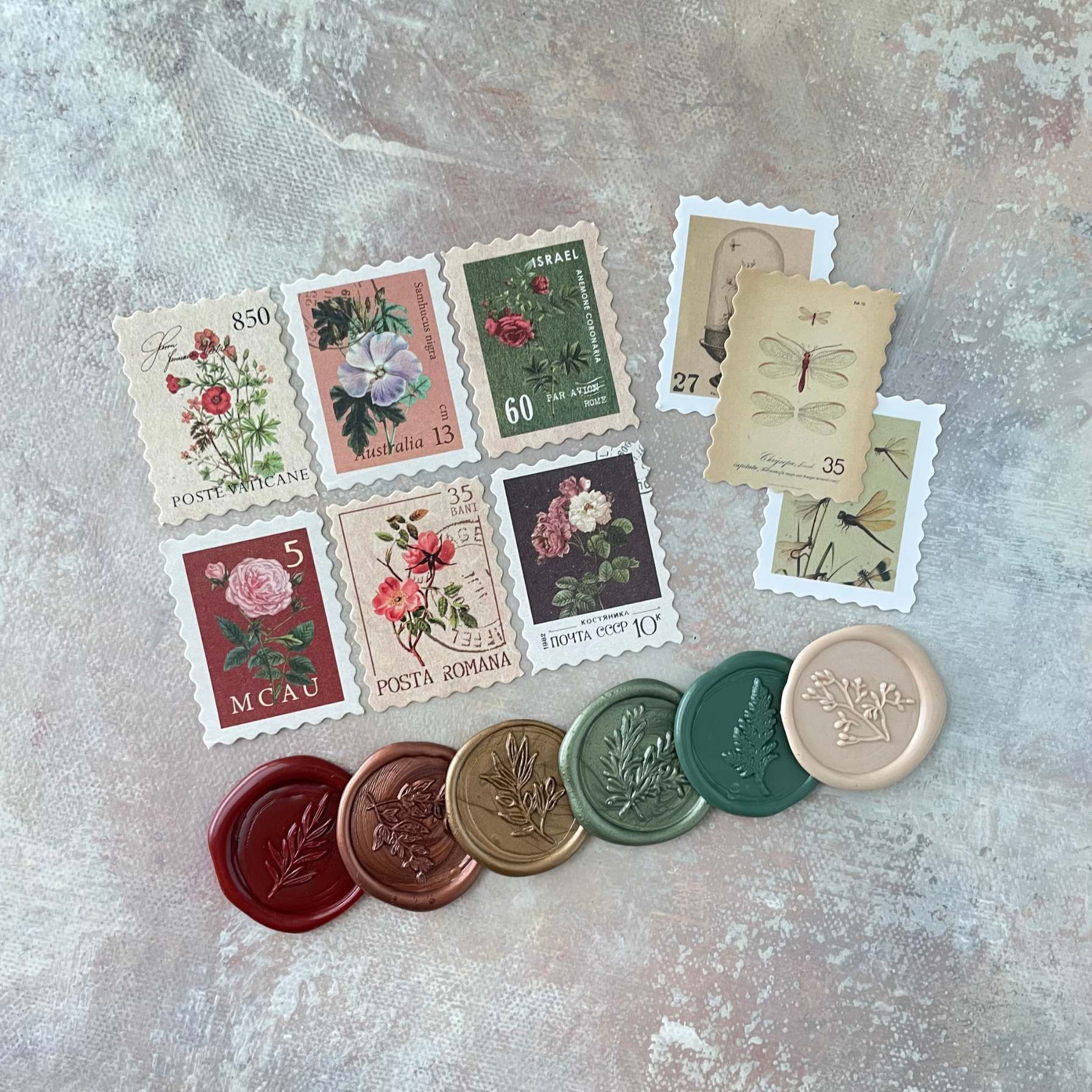 Terracotta & Olive Postage Stamp & Seals for Flat lay