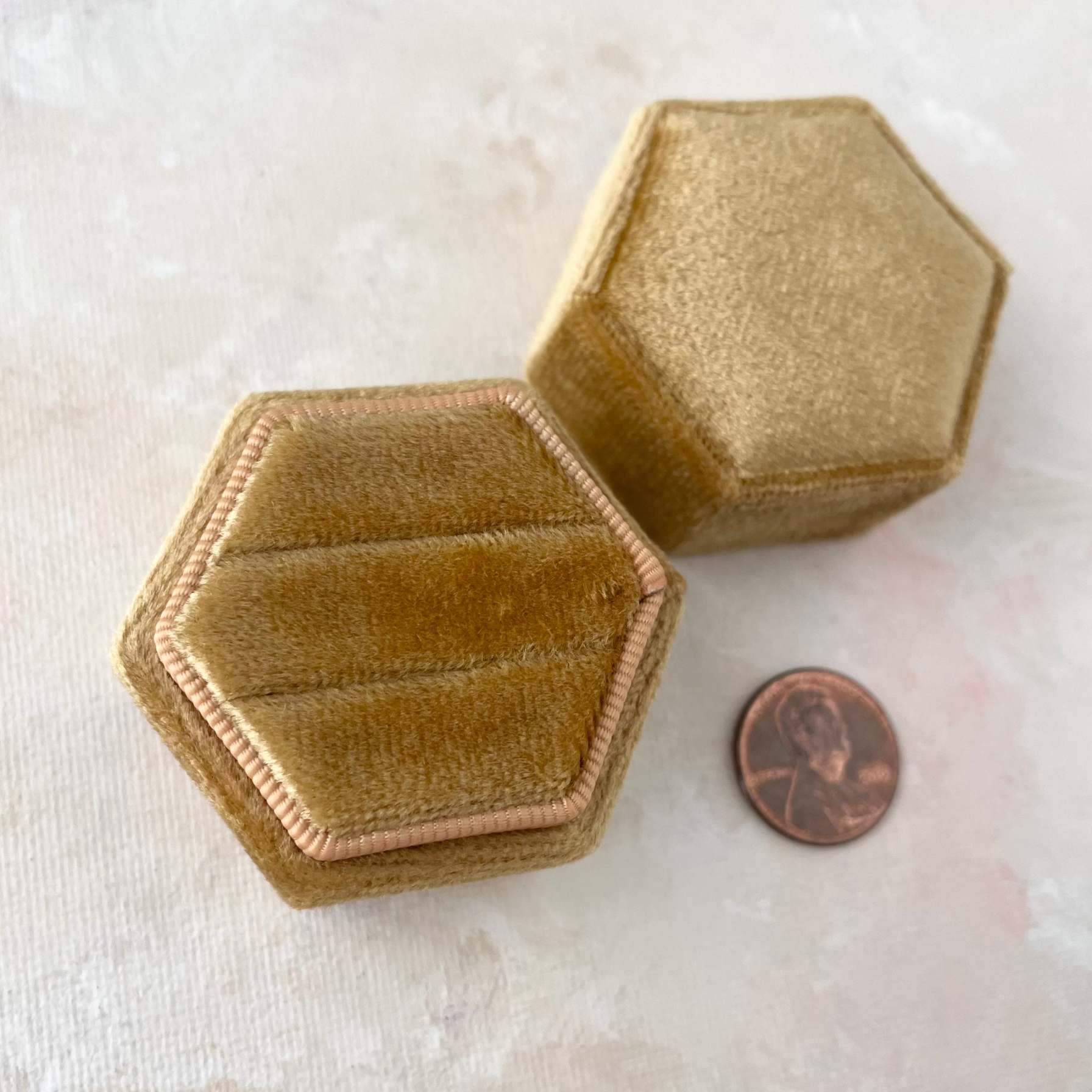 Antique Gold Ring Box Double Slotted Hexagon