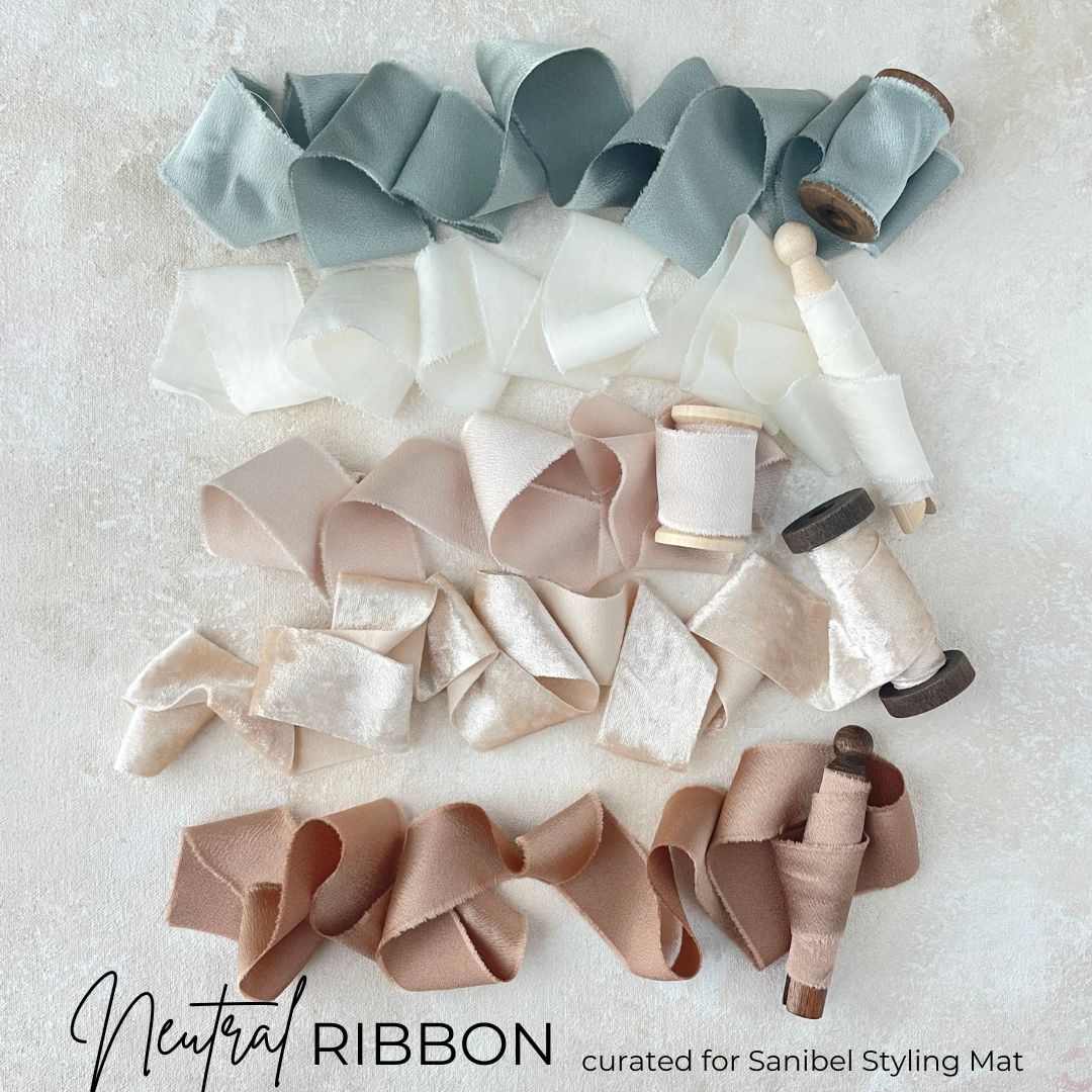 Flatlay Ribbon Kit for Wedding Photographers made for Neutral Flat Lay Styling mat. Silk Styling Ribbon in Sage Green. Flat Lay Ivory Silk Ribbon.  Champagne Silk Ribbon for Flat Lays. Champagne Velvet for wedding details. Flatlay Bronze Ribbon.