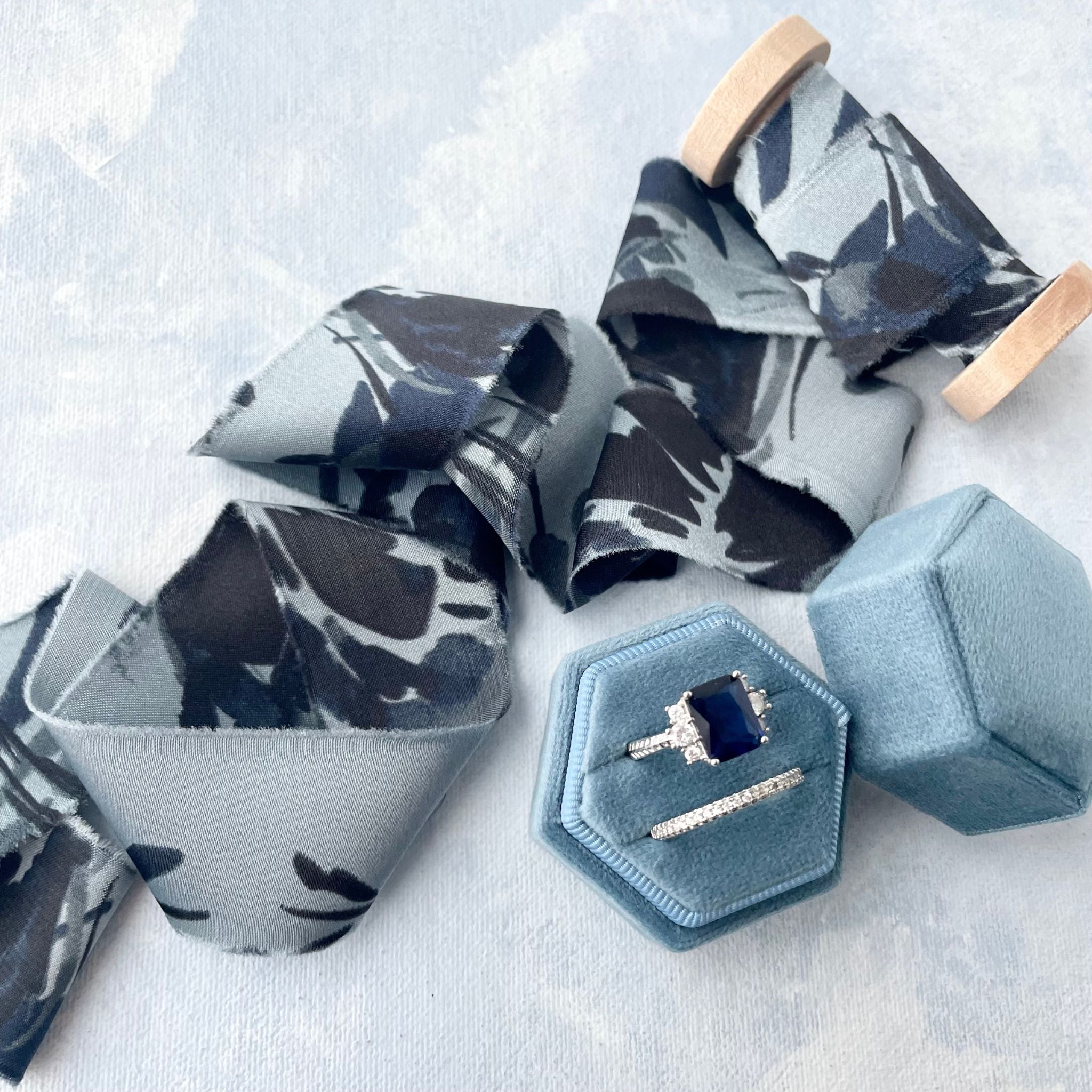 Floral Silk Dusty Blue Flat Lay Ribbon – Champagne & Grit
