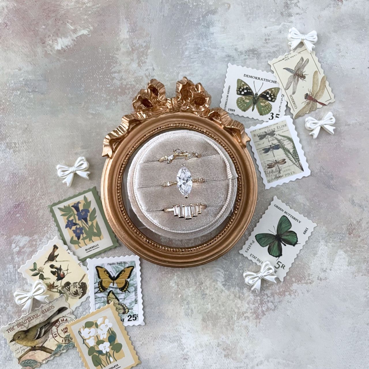 Wedding Ring Box Champagne Velvet ~ Triple Slot Round