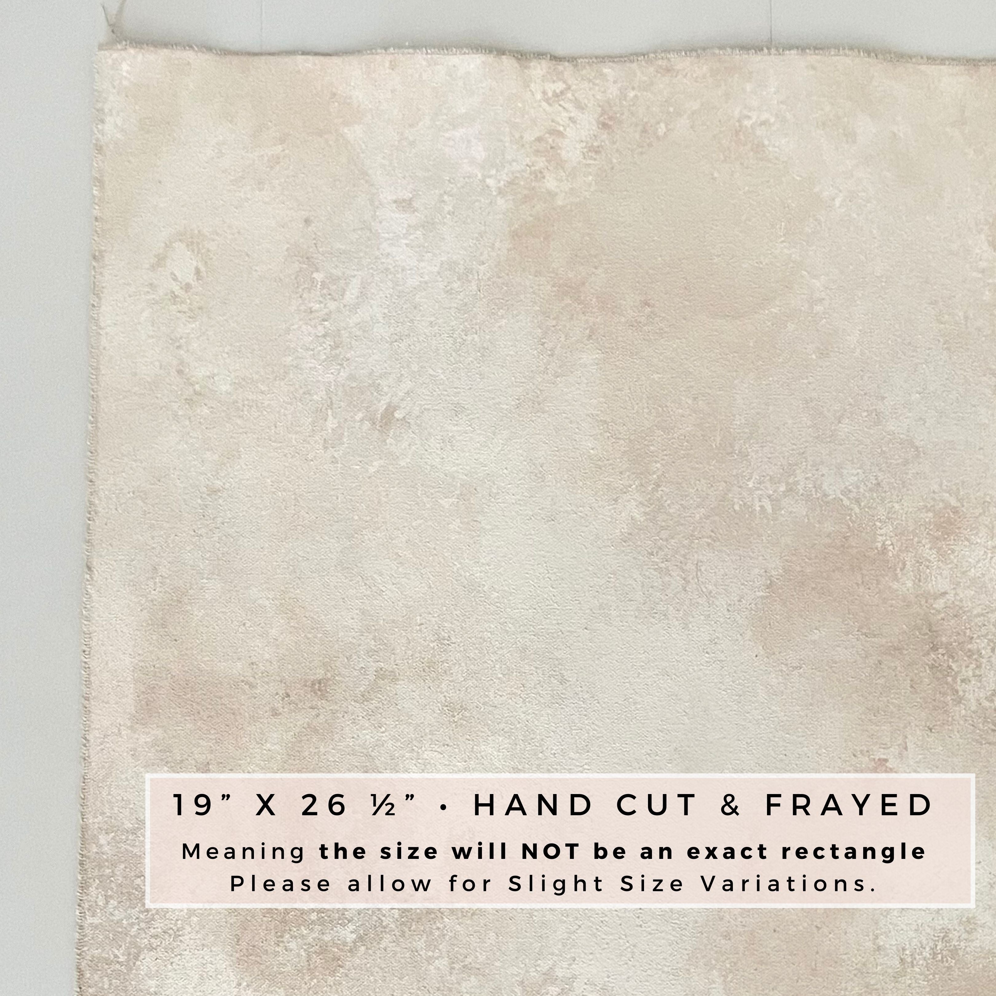 Hand Cut & frayed Styling mat for Flat lays.  Hand painted Styling Surface is tan, taupe & ivory used in wedding day flat lay photography.  Styling Mat is rollable & lightweight. Approximate Size is 19 x 26 1/2"