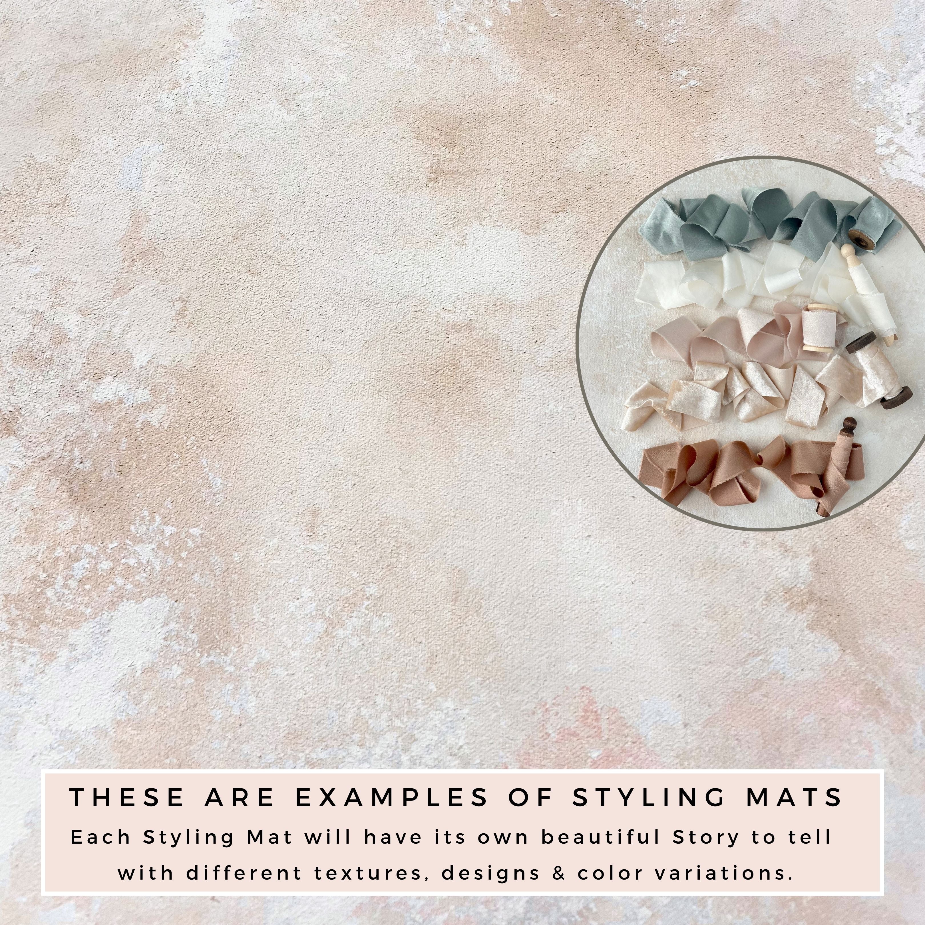 Example of Styling Mat for photographers, showcasing ribbon bundle.  Flat Lay Ribbons are in a neutral color pallet, champagne, ivory & sage green.  Flat Lay Mat is hand painted in a tan, ivory & white color pallet. 