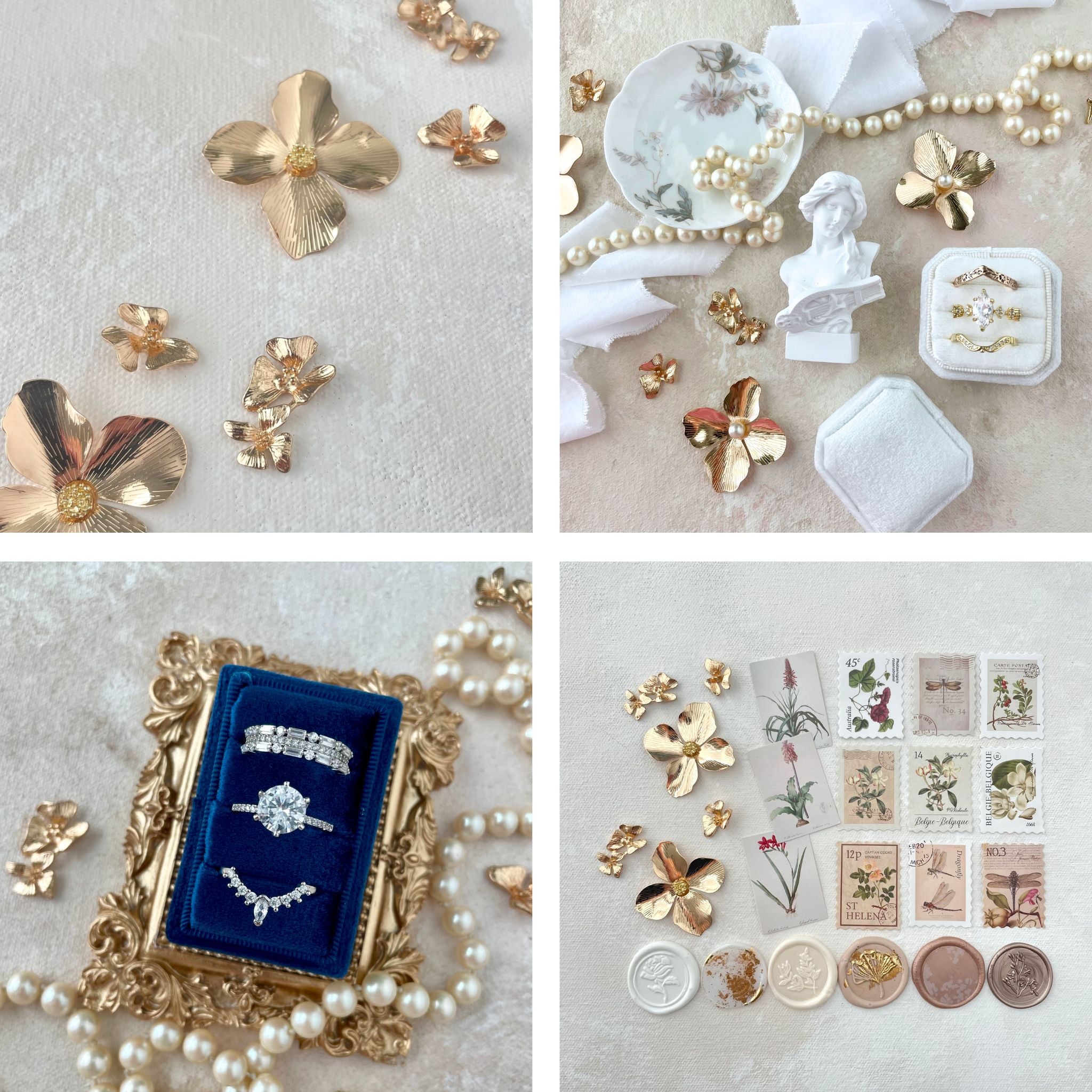 Neutral Wax Seal & fake Postage Flat Lay Kit with Gold Flowers