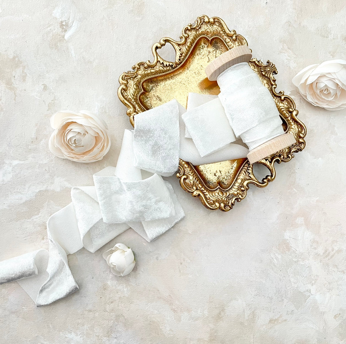 Velvet ivory ribbon on vintage gold tray - Wedding Flat lay props from Champagne & GRIT
