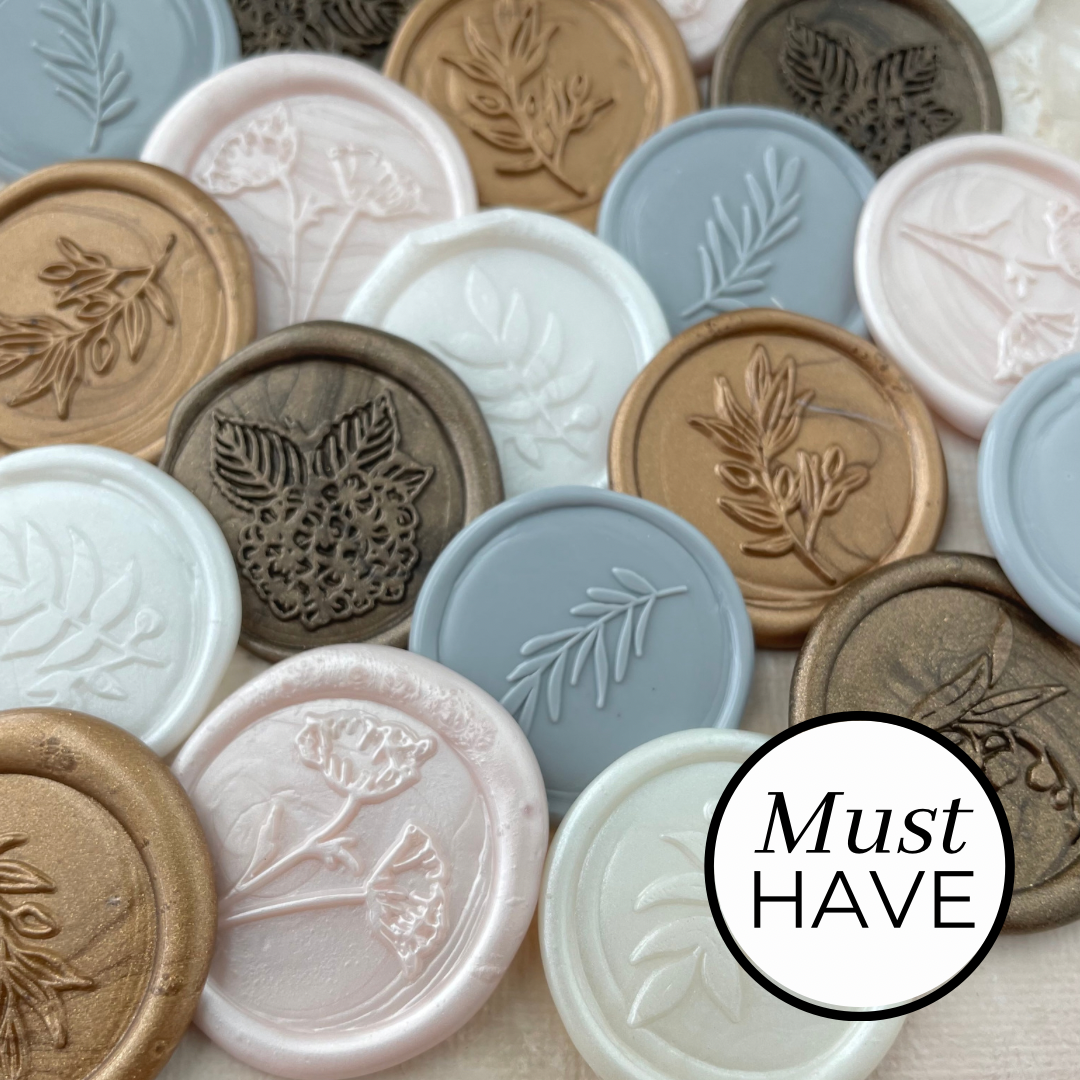 Collection of Classic of Wax Seals, neutral color pallet flat lay props from Champagne & GRIT