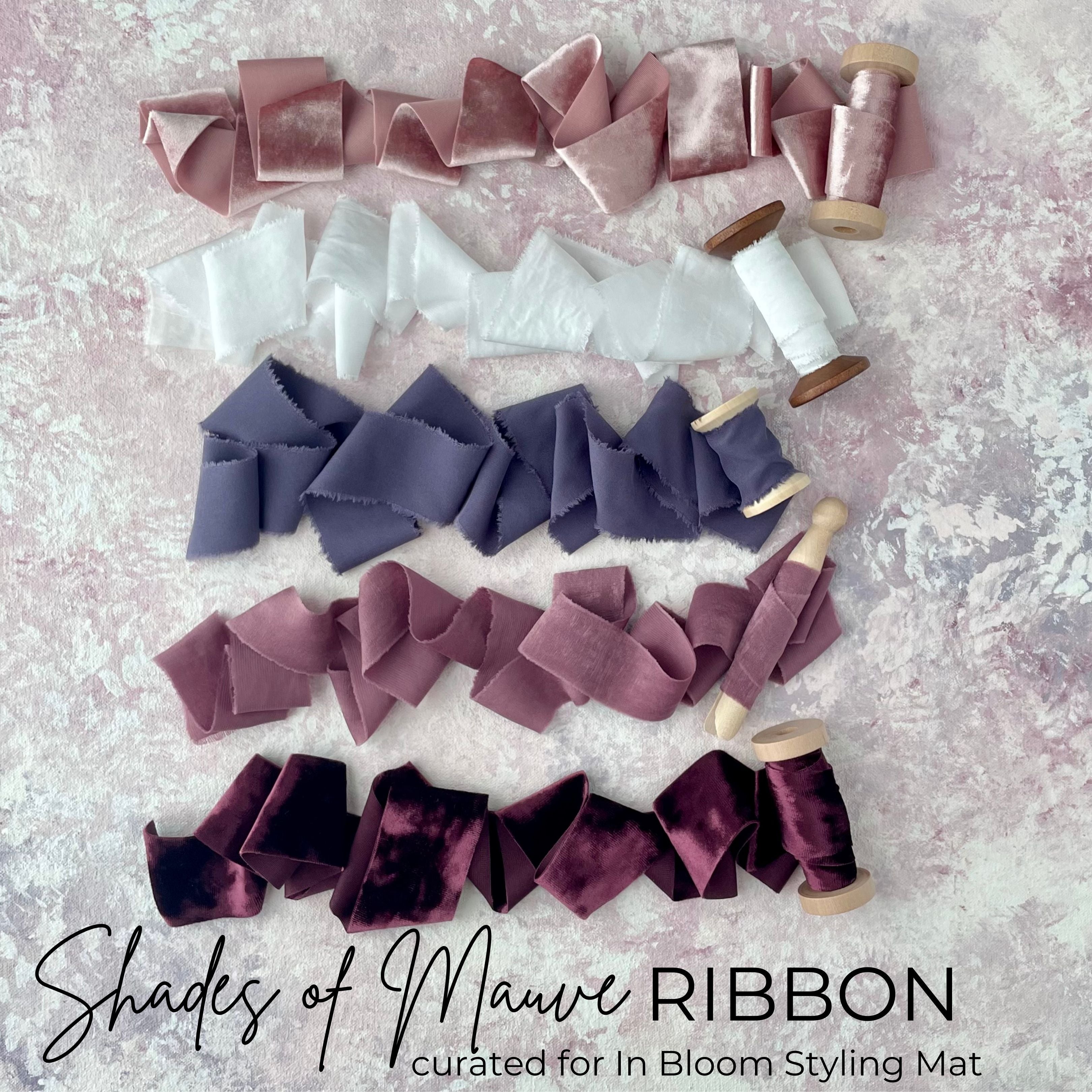 Mauve & Lavender Flat lay Ribbon Kit for Wedding Photographers made for Mauve Styling mat. Silk Styling Ribbon in Lilac & Dusty Rose. Flat Lay Mauve Silk Ribbon.  White Silk Ribbon for Flat Lays. Lavender Silk Ribbon, Lilac Ribbon for wedding details.