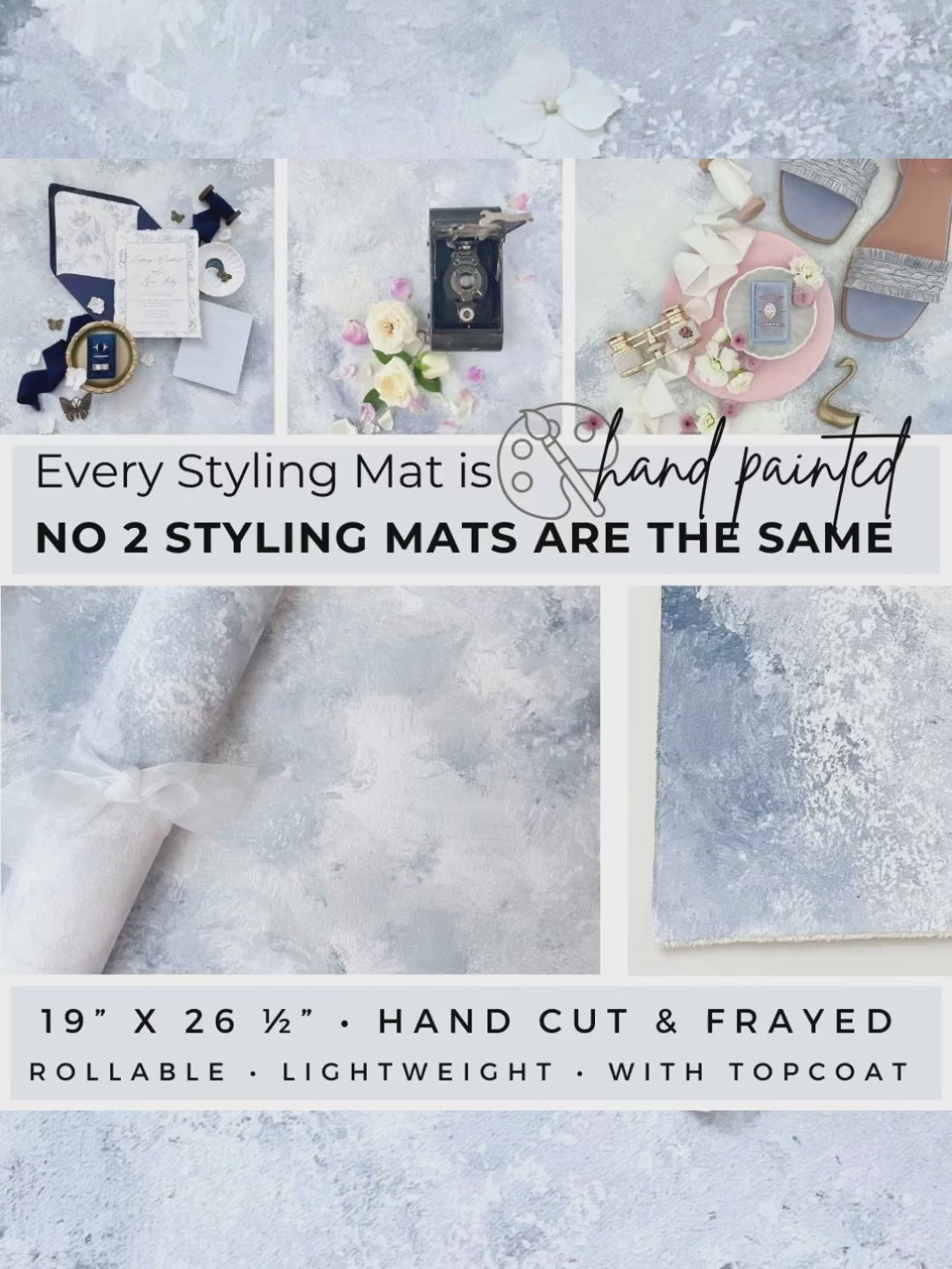 showing how the hand painted canvas can roll and unroll, and then flat lay wedding details featuring the flat lay mat