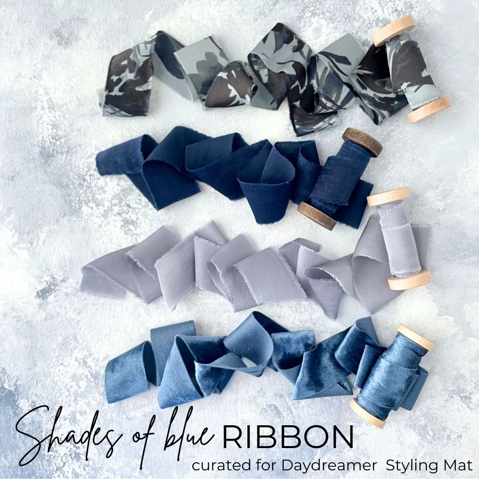 Blue Flat lay Ribbon Kit for Wedding Photographers made for Blue Styling mat. Silk Styling Ribbon in Dusty Blue. Flat Lay Navy Silk Ribbon.  Floral Blue Silk Ribbon for Flat Lays. Steel Navy Velvet for wedding details.