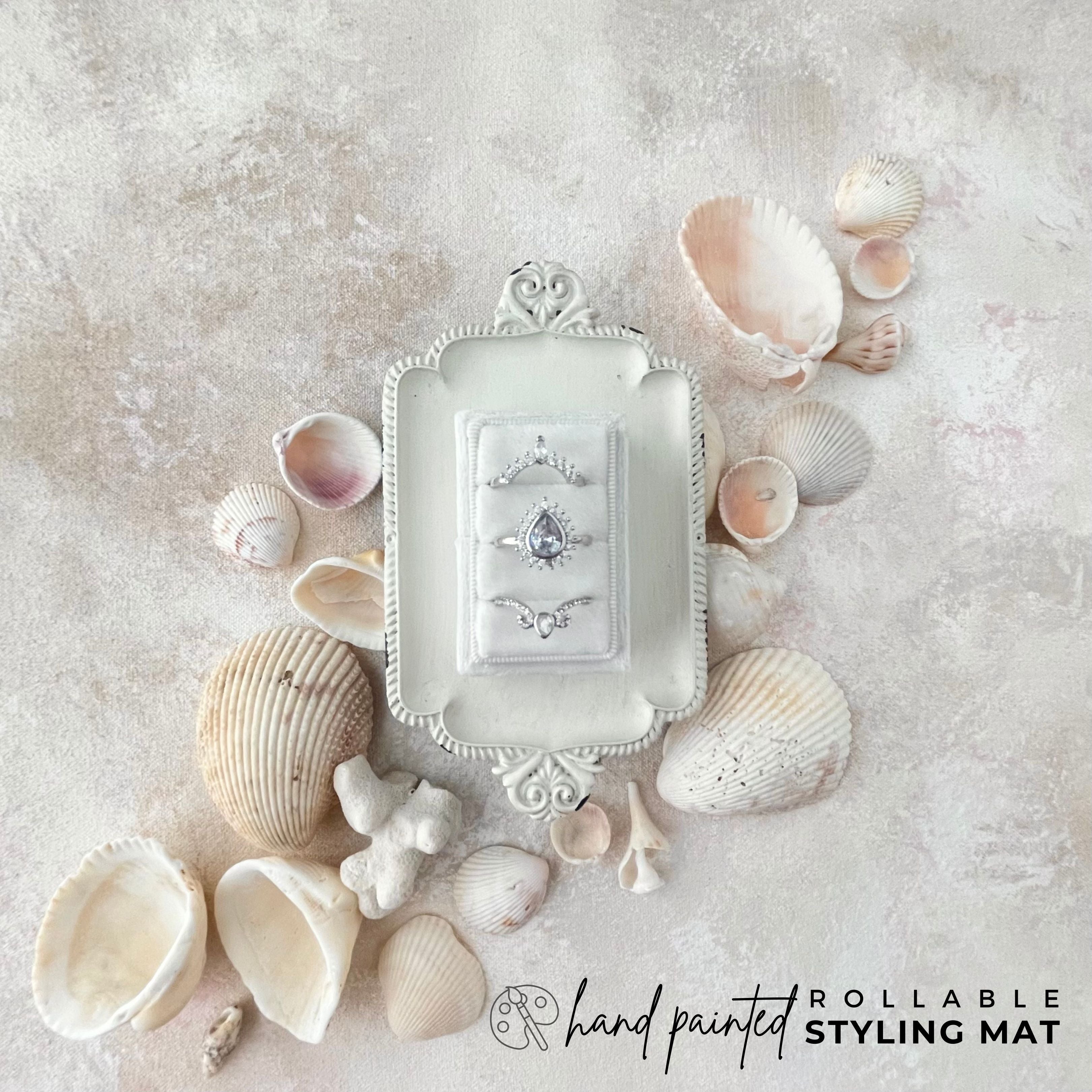 Vintage White RIng Dish & 3 slot Ring Box Flat Lay Styled On a neutral Fla Lay Backdrop, with Sea Shells. 