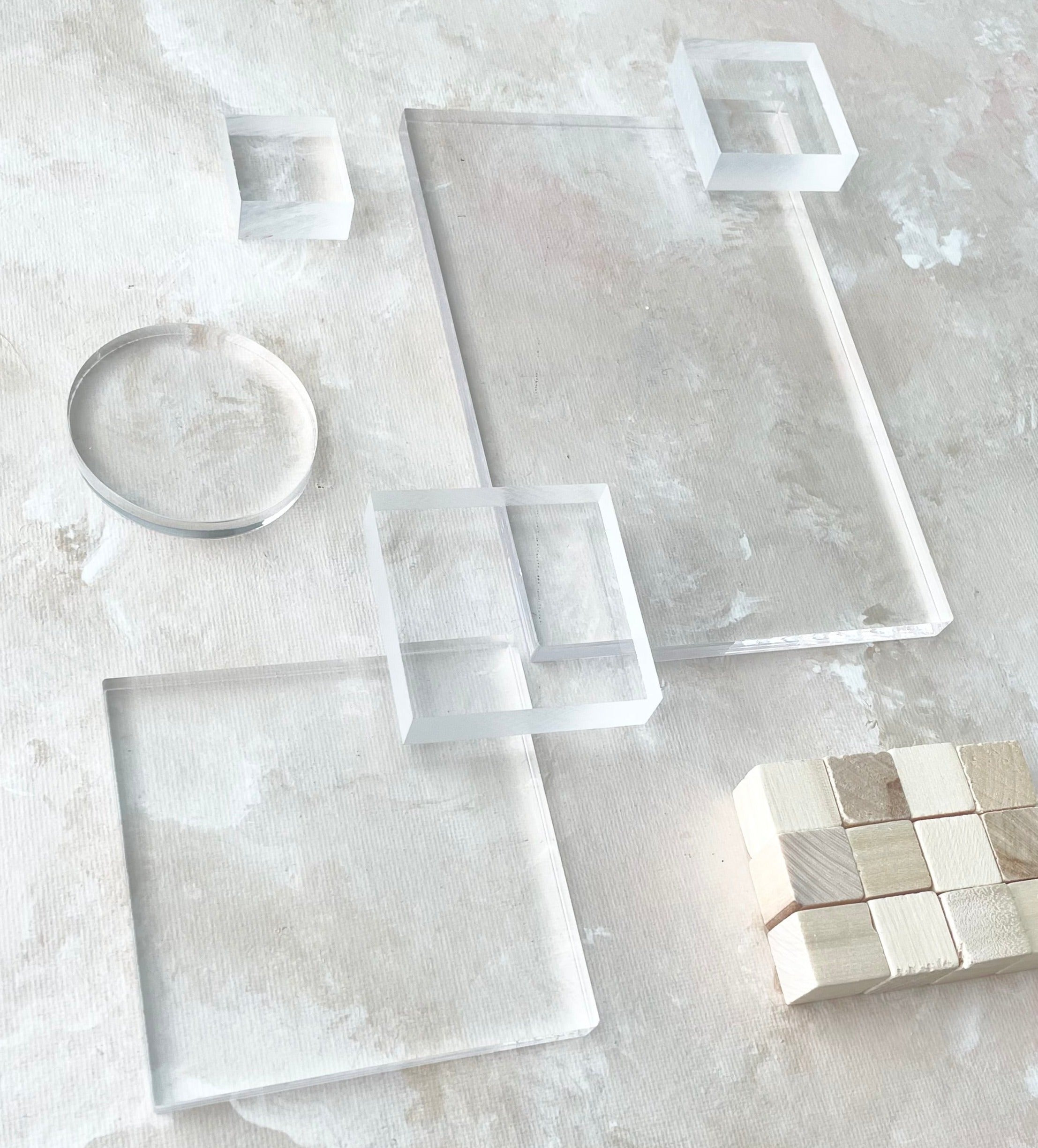 Clear Acrylic Styling Block Set including 4 different sized squares, one large rectangle, and one circle - Flat Lay props from Champagne & GRIT