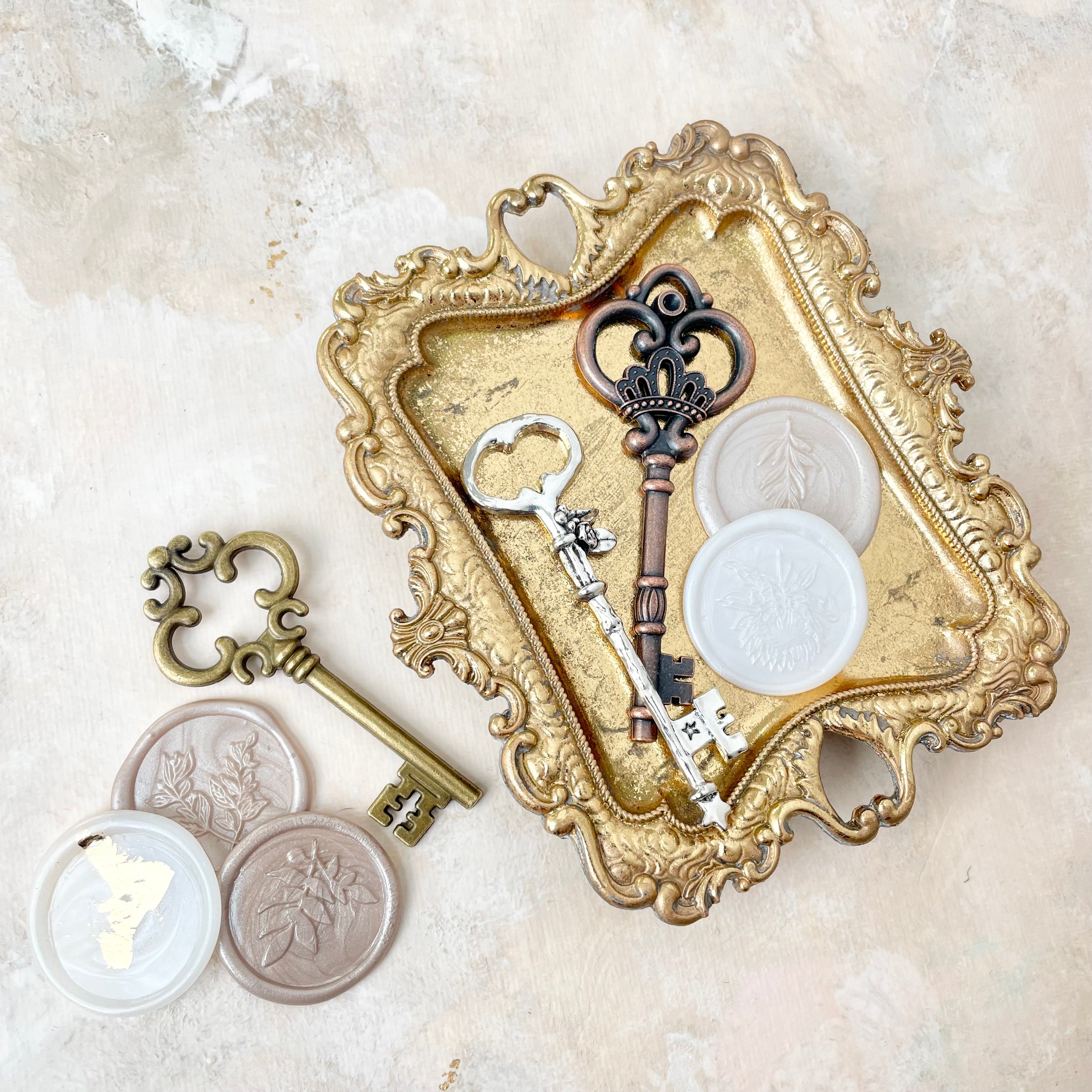 Styling Keys and wax seals in gold vintage tray - Wedding Flat lay props from Champagne & GRIT