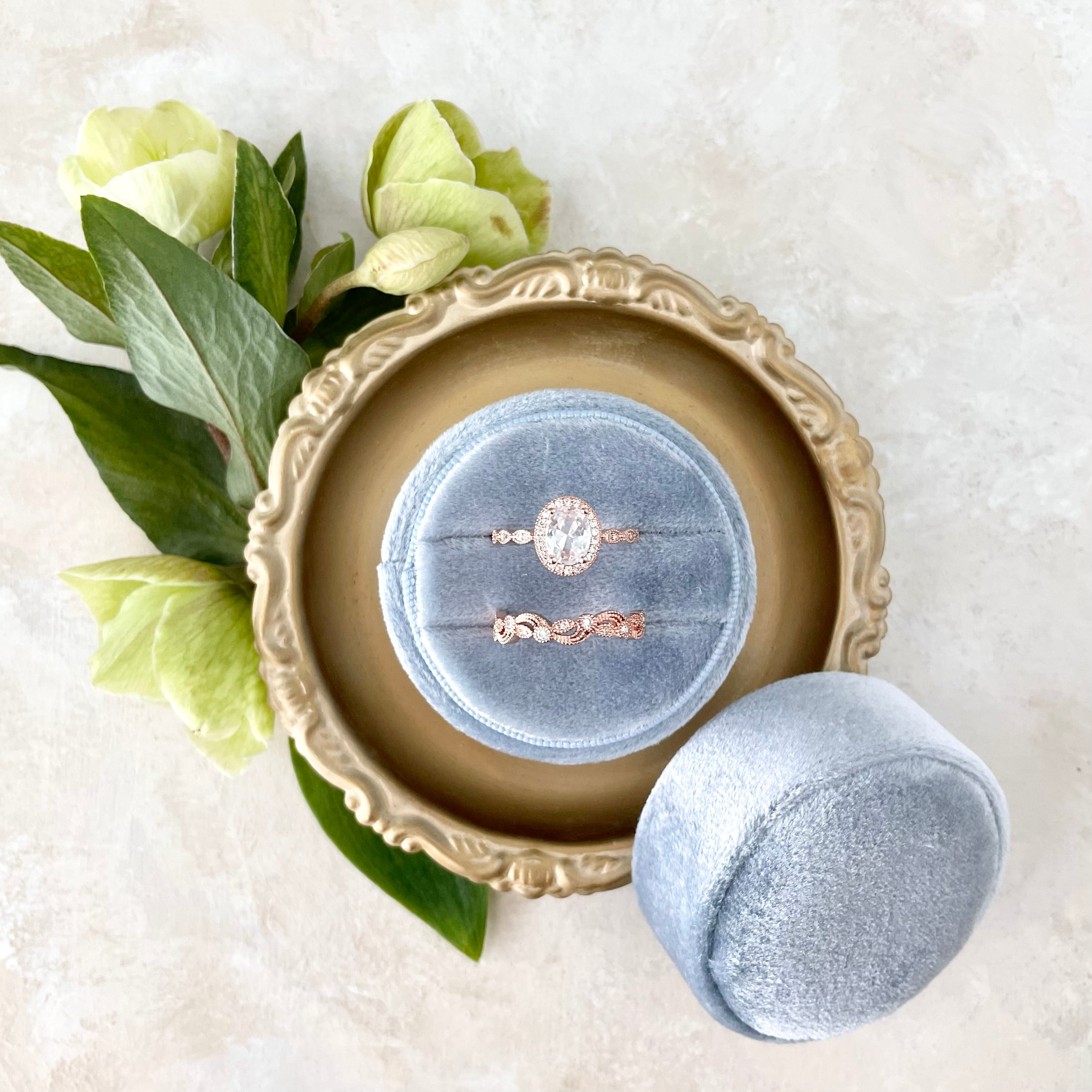 Dusty Blue Ring Box, circle shaped, on gold tray  - wedding flat lay props from Champagne & GRIT