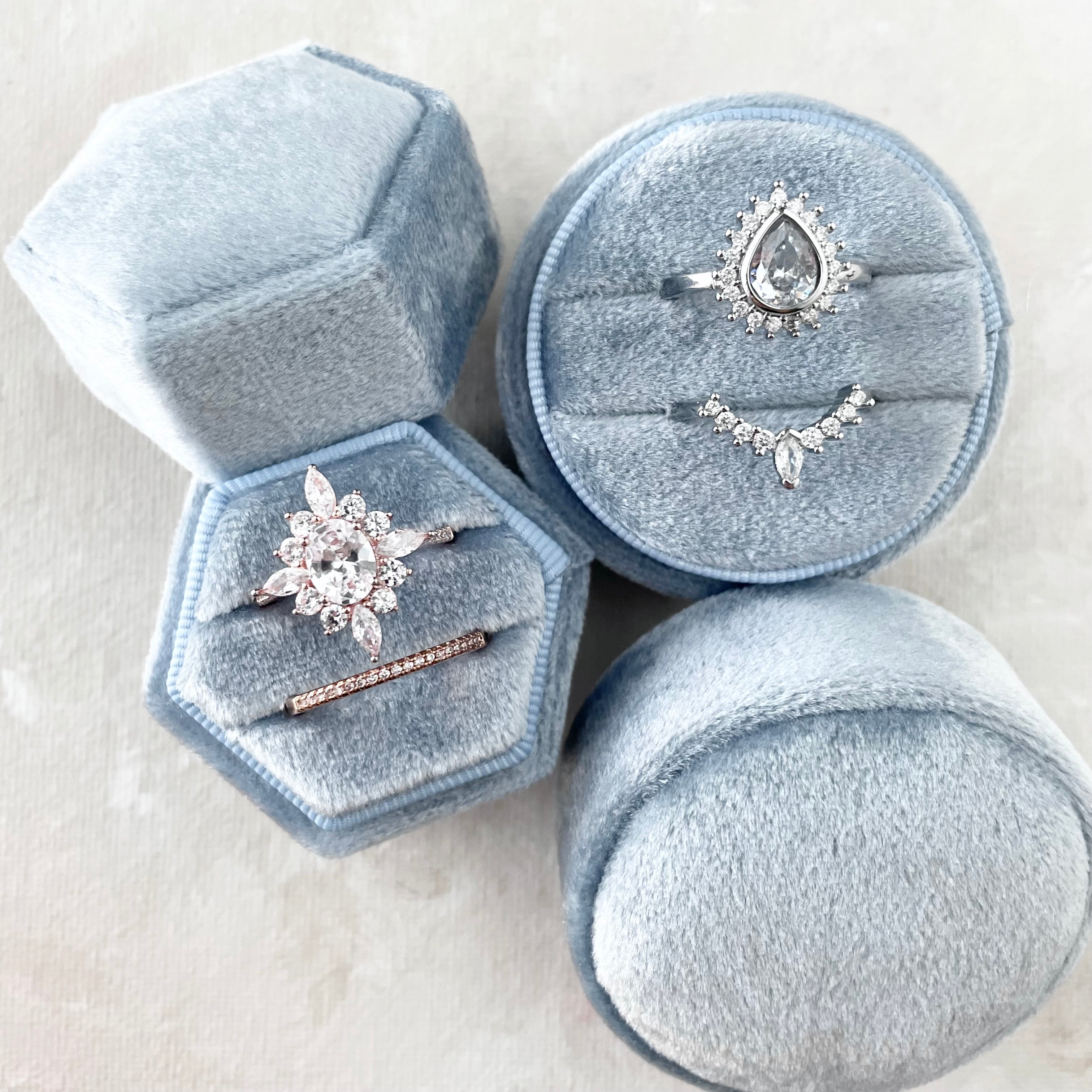 Dusty Blue Ring Boxes in Hexagon & Circle - wedding flat lay props from Champagne & GRIT