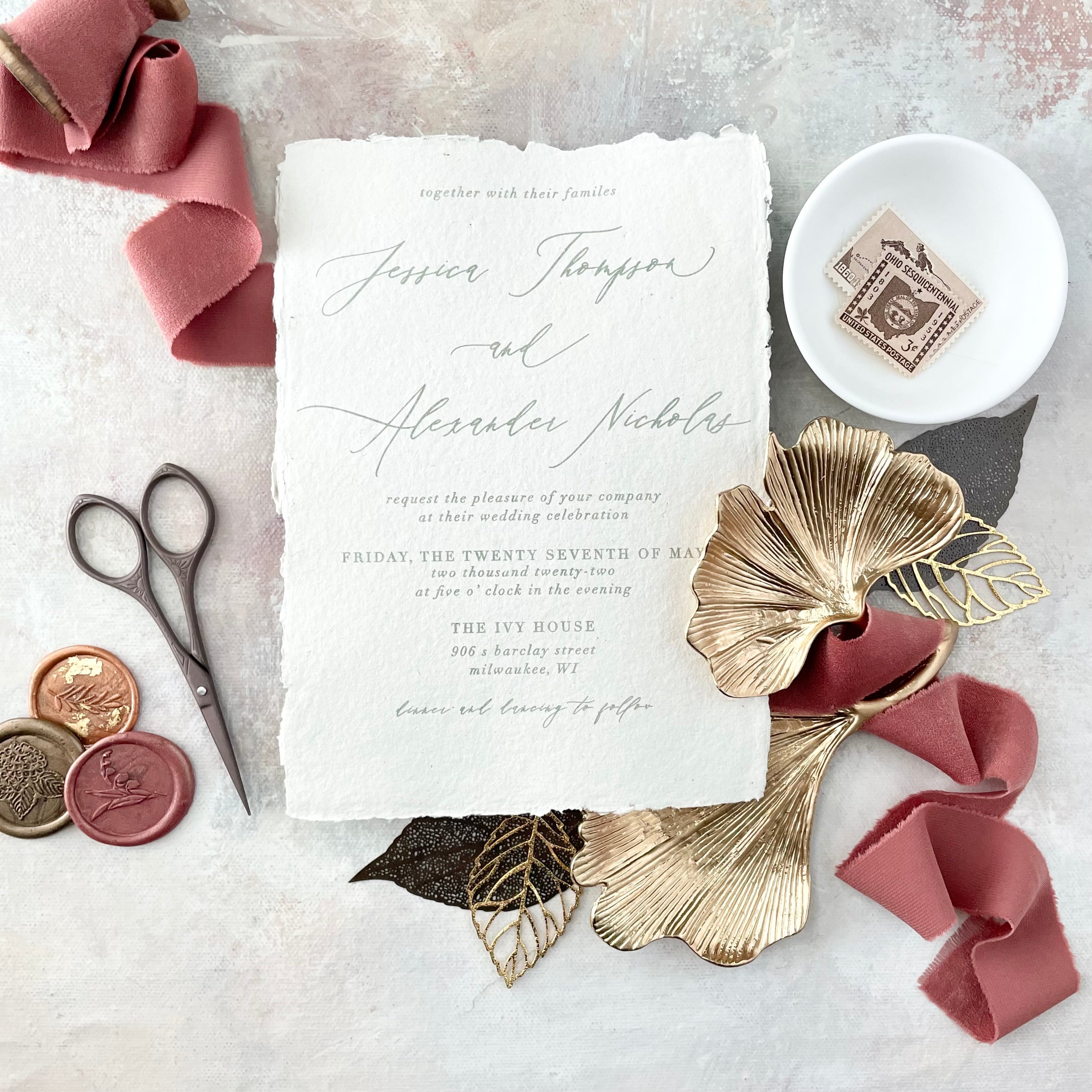 Ginkgo Leaf Gold Styling Tray styled with a Dusty Mauve ribbon, wax seals, scissors, white dish - Flat Lay Props from Champagne & GRIT