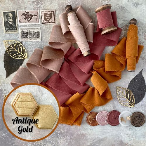 Antique gold ring box, 4 vintage stamps, 5 wax seals, 5 metal styling leaves, 3 spools of ribbon - Wedding Flat lay props from Champagne & GRIT
