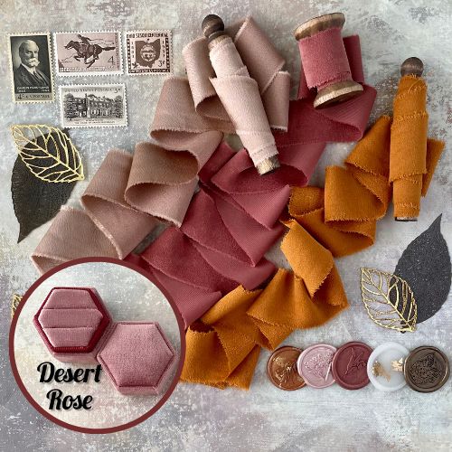 desert rose ringbox, 4 vintage stamps, 5 wax seals, 5 metal styling leaves, 3 spools of ribbon - Wedding Flat lay props from Champagne & GRIT