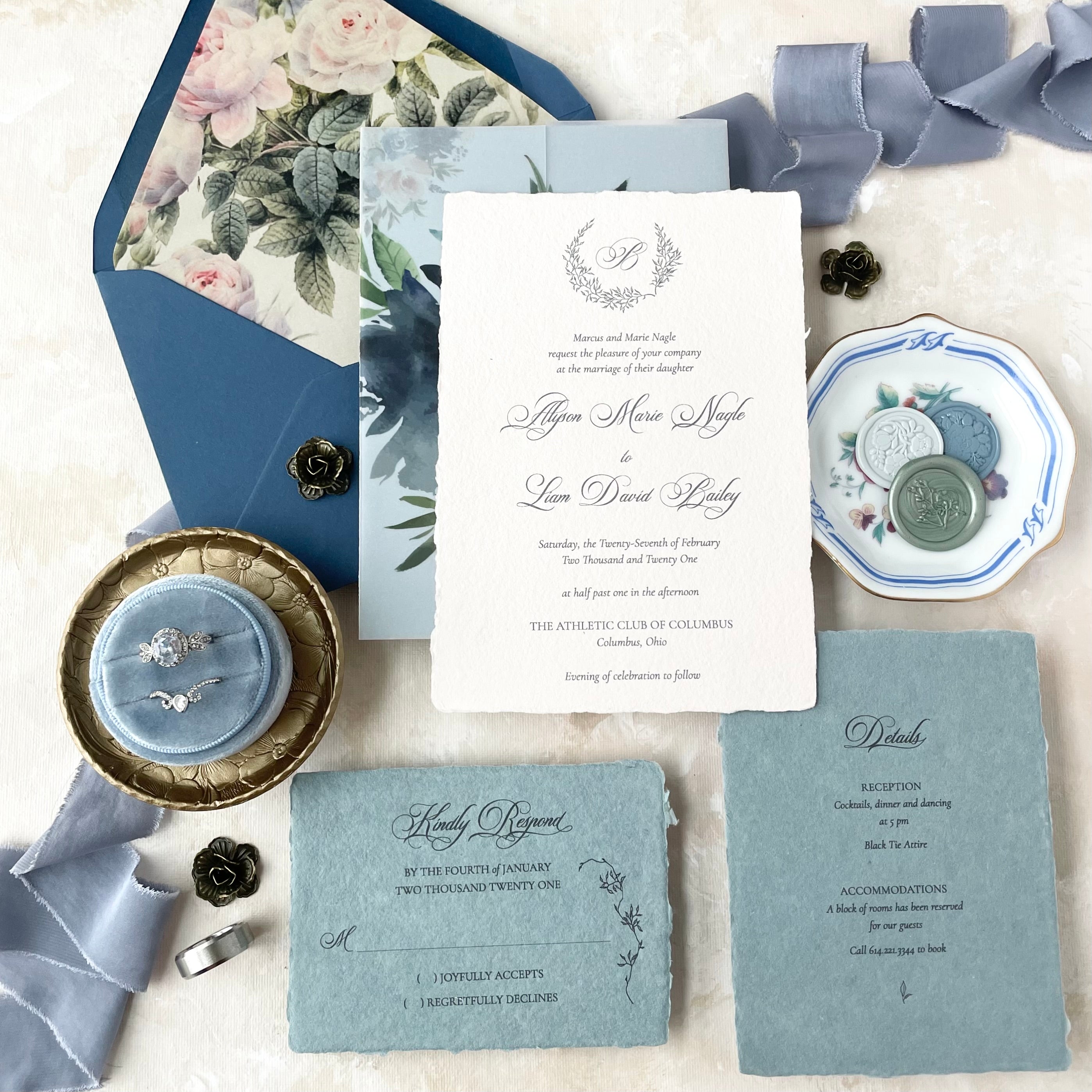Dusty Blue Ring Box, circle shaped, styled with dusty blue flat lay styling kit and dusty blue ribbon  - wedding flat lay props from Champagne & GRIT