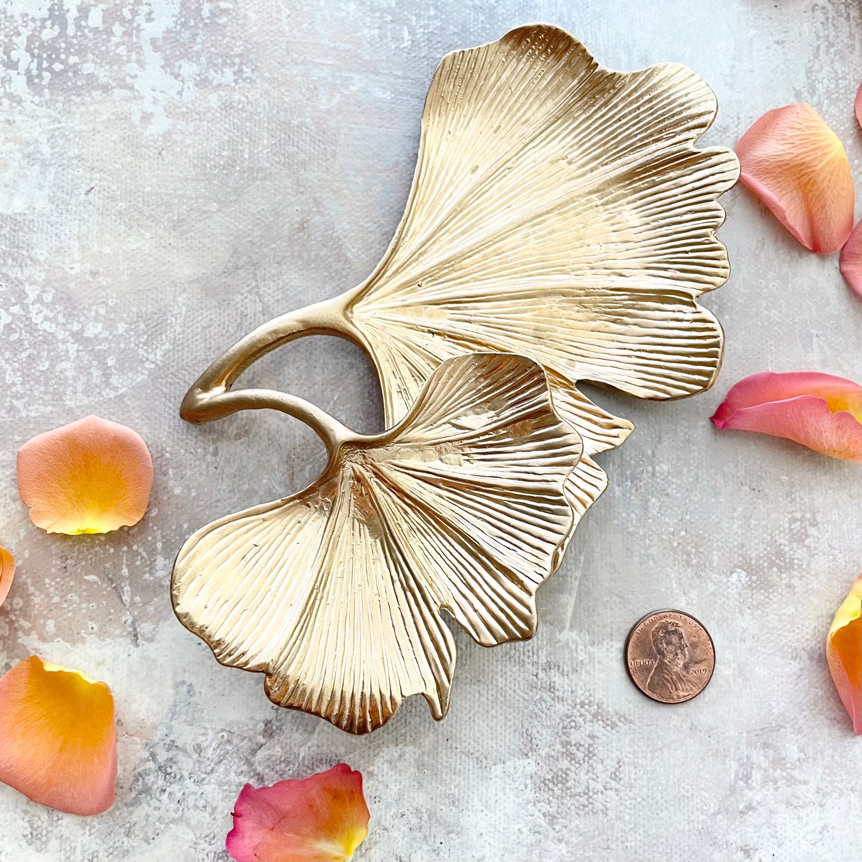 Ginkgo Leaf Gold Styling Tray styled floral petals and one cooper penny - Flat Lay Props from Champagne & GRIT