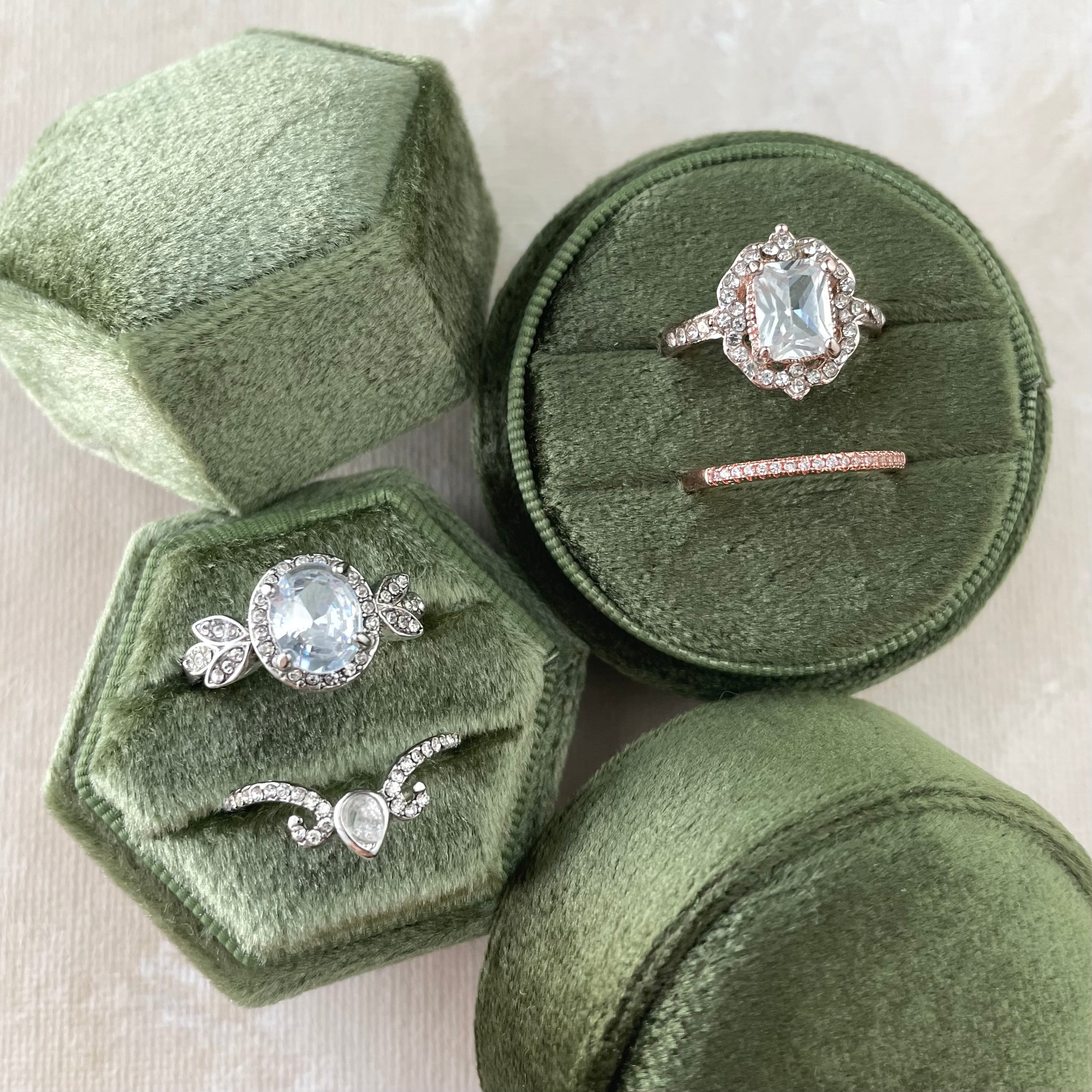 Olive Green Ring Box, double-slotted ring box, in both round and hexagon shapes  - Wedding Flat lay props from Champagne & GRIT