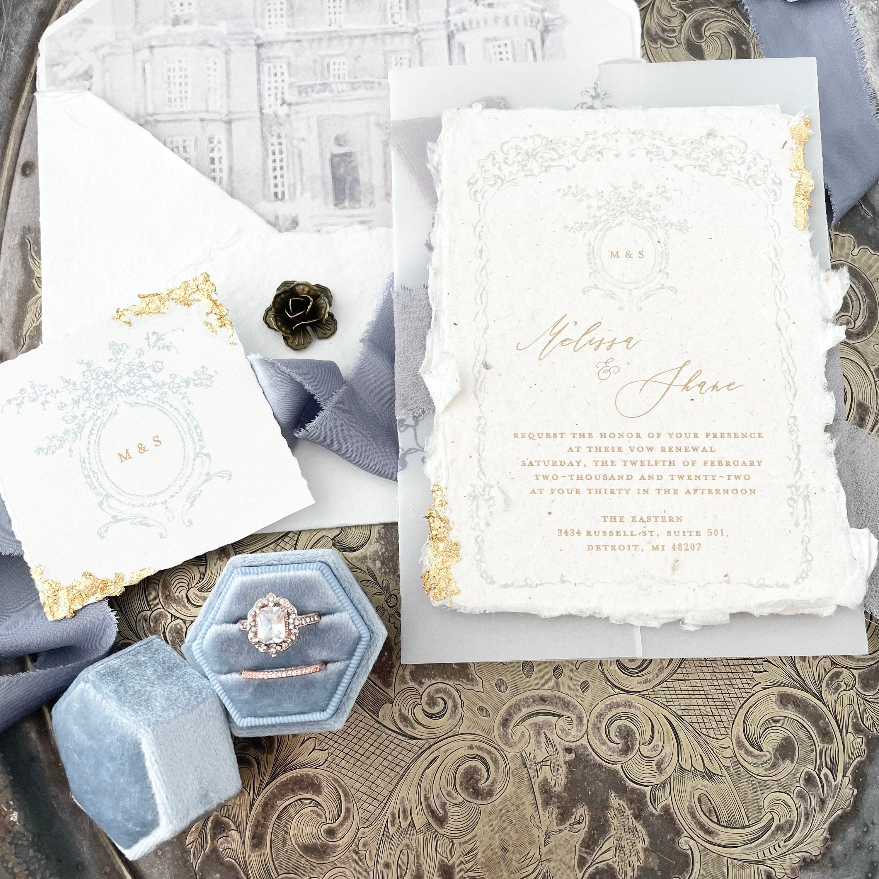 Dusty Blue Ribbon, styled with dusty blue flat lay styling kit and dusty blue ring box - wedding flat lay props from Champagne & GRIT