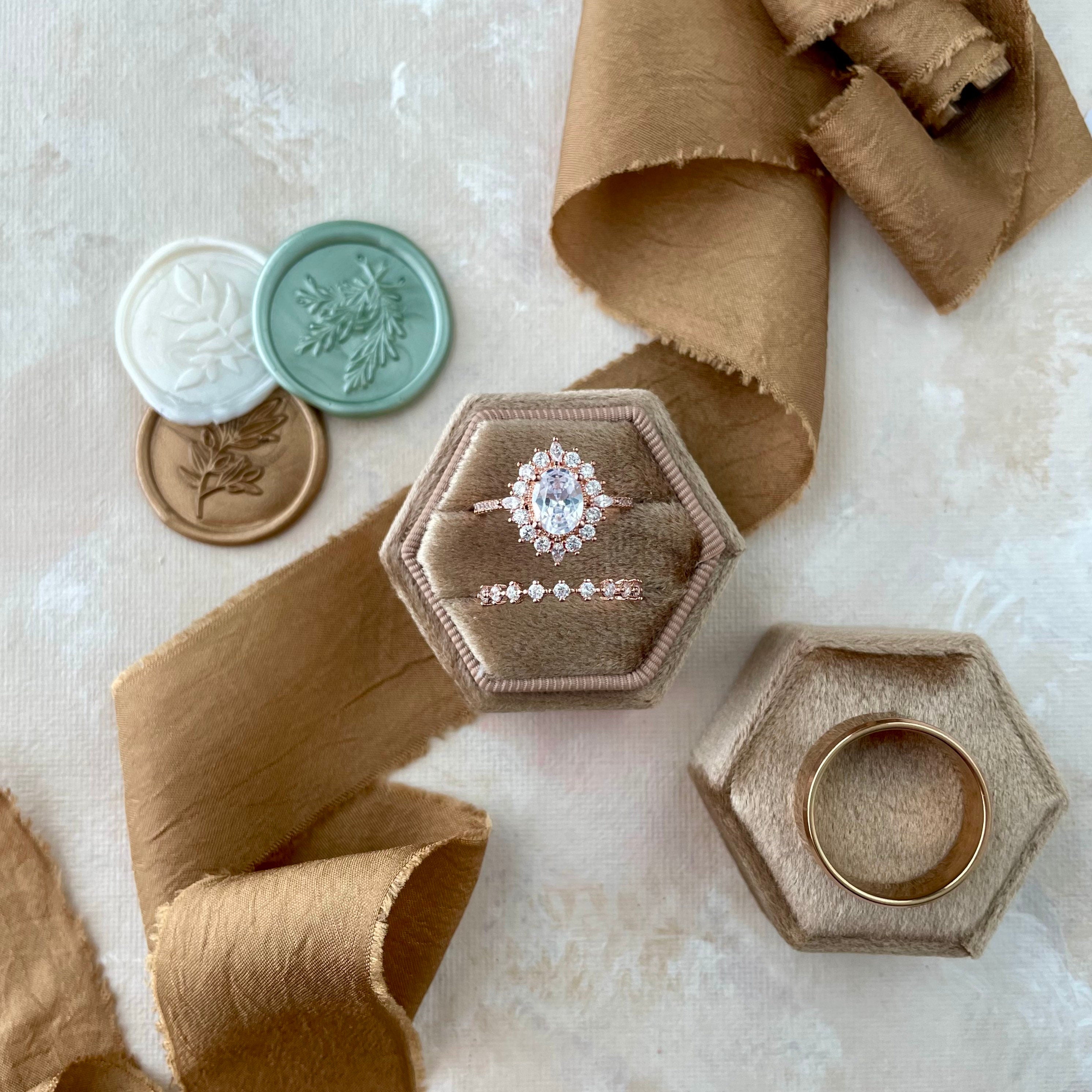 Camel tan ring box styled with ribbon and 3 wax seals - Wedding Flat lay props from Champagne & GRIT