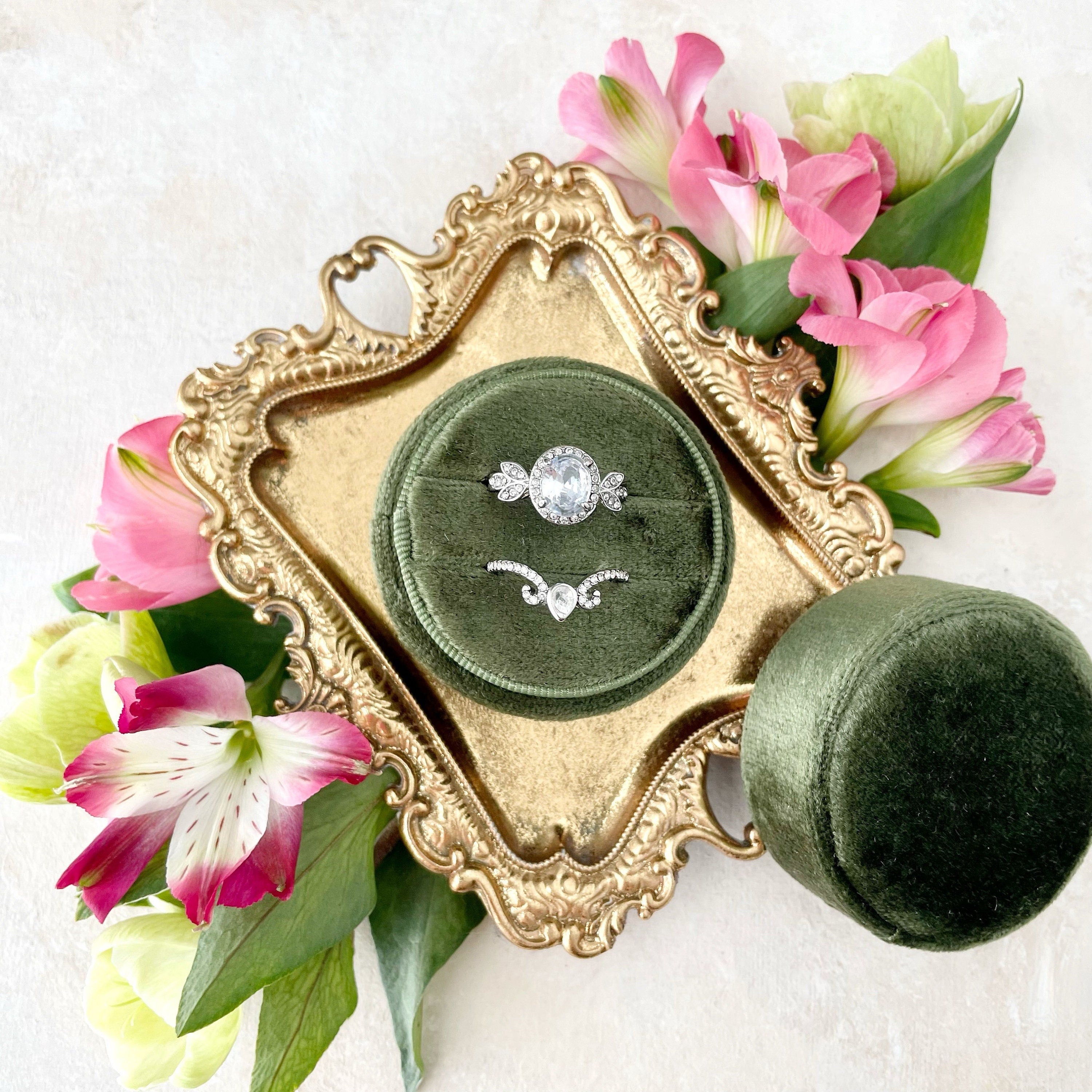 Gold vintage tray for wedding flay lay with olive green ring box and florals - Flat Lay Props from Champagne & GRIT