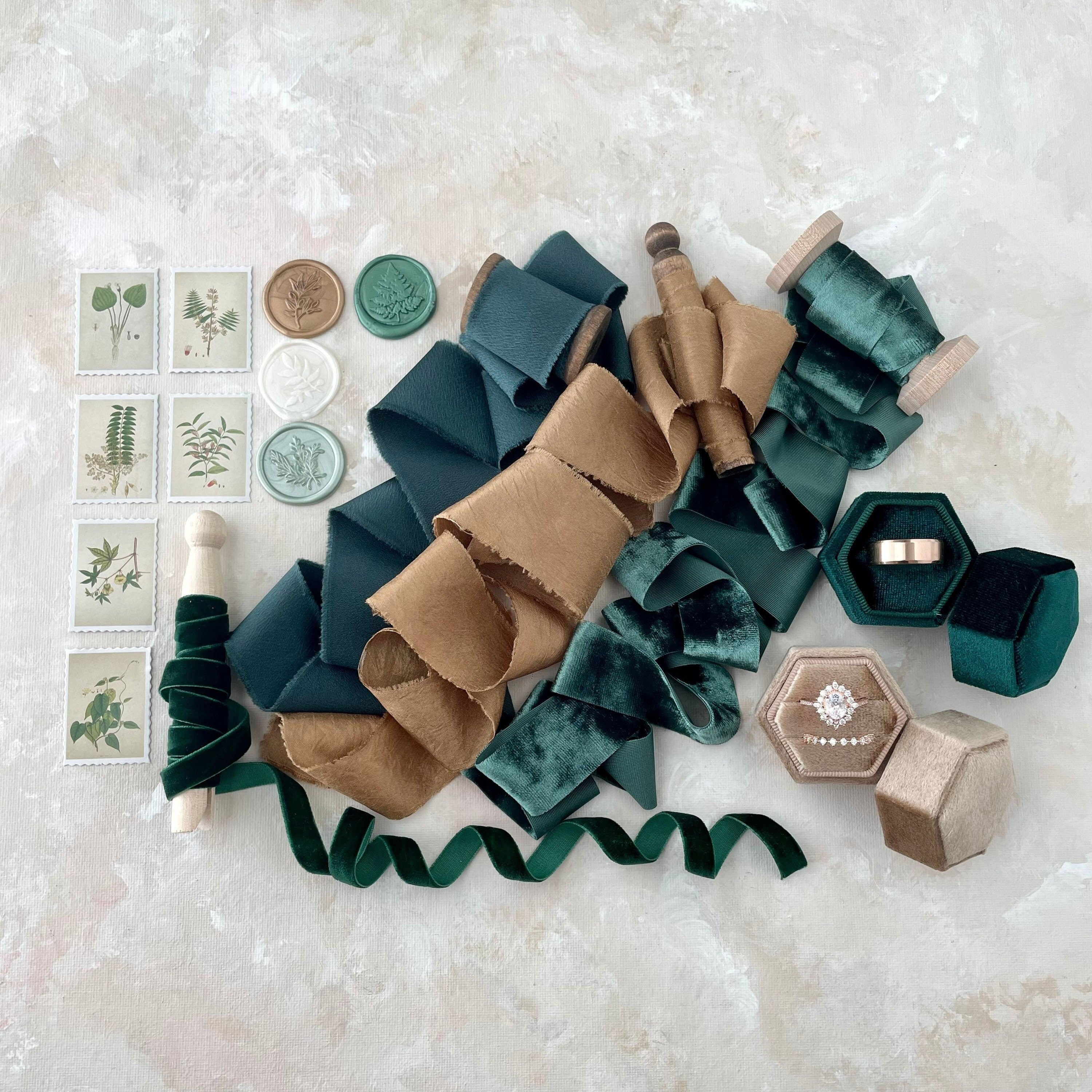 Emerald Green Flat Lay Styling Kit including emerald green ring box, camel hexagon ring box, 4 wax seals, 6 faux postage stamps and 4 spools of ribbon - Wedding Flat lay props from Champagne & GRIT