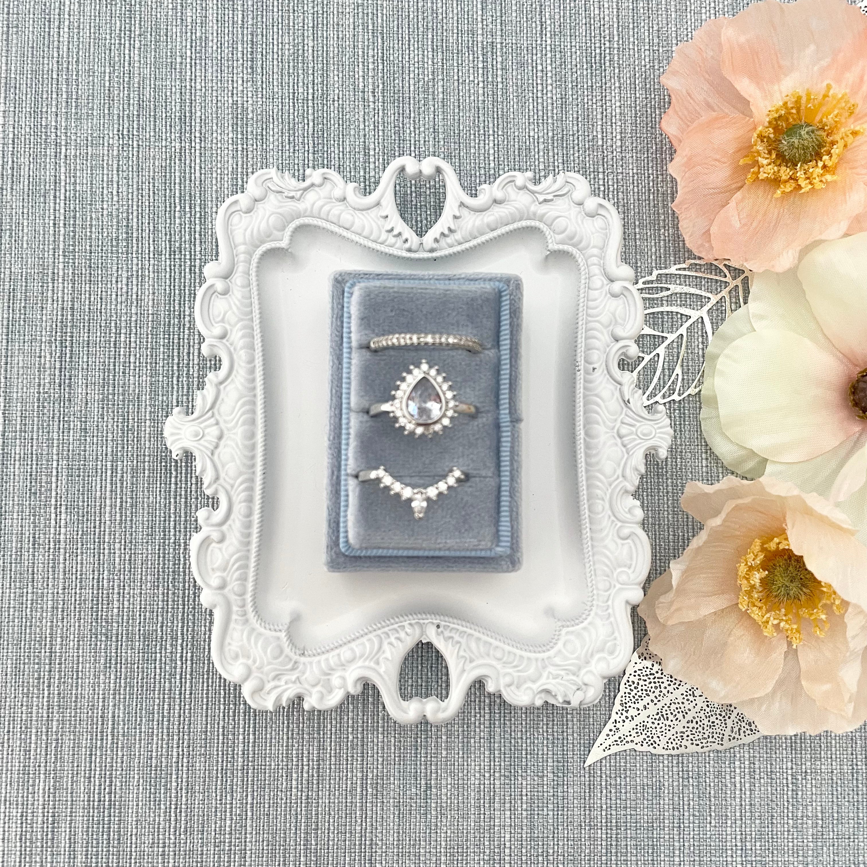 3 Slot Dusty Blue Ring box on white vintage tray  - Wedding Flat lay props from Champagne & GRIT
