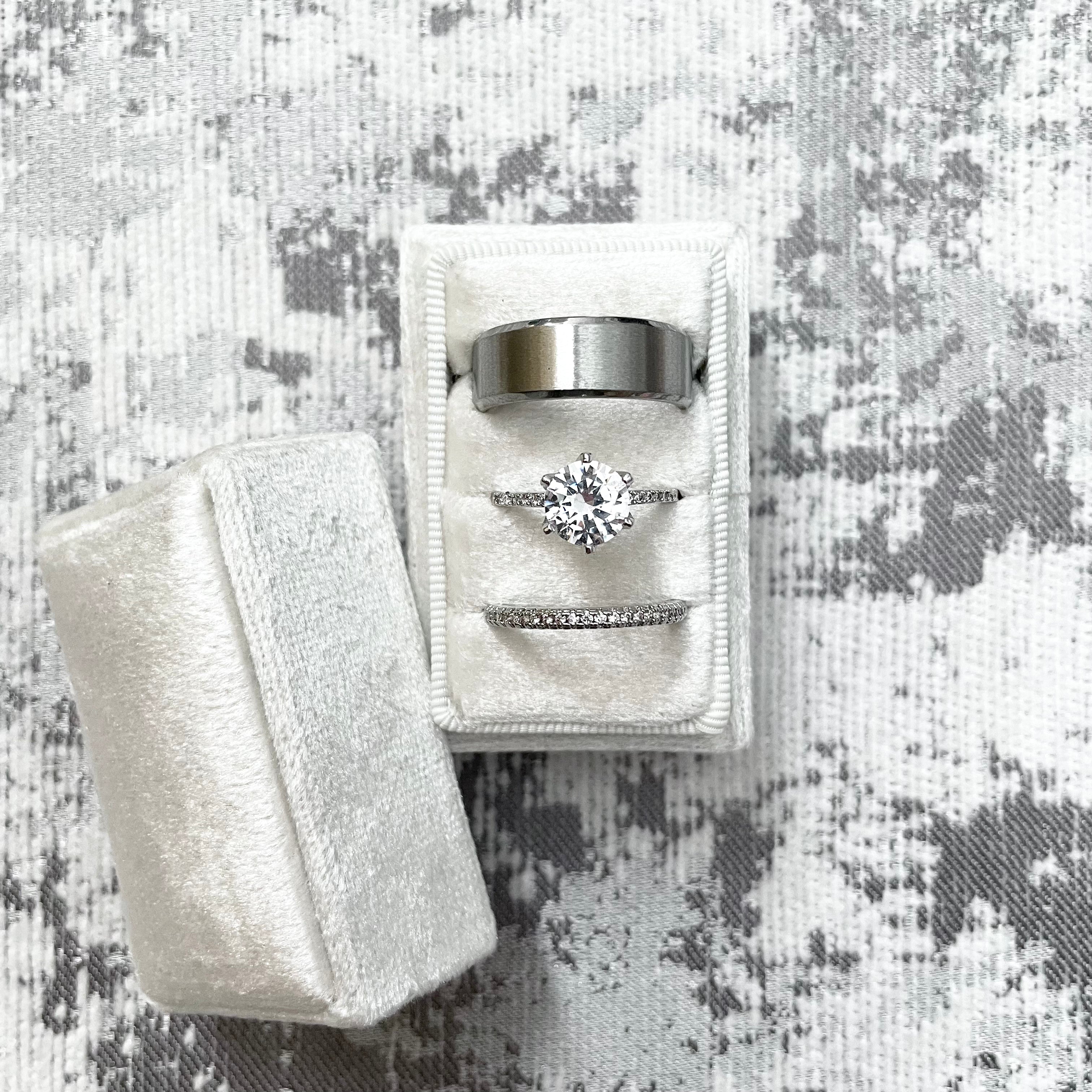 Close up of White triple slot ring box - Wedding Flat lay props from Champagne & GRIT