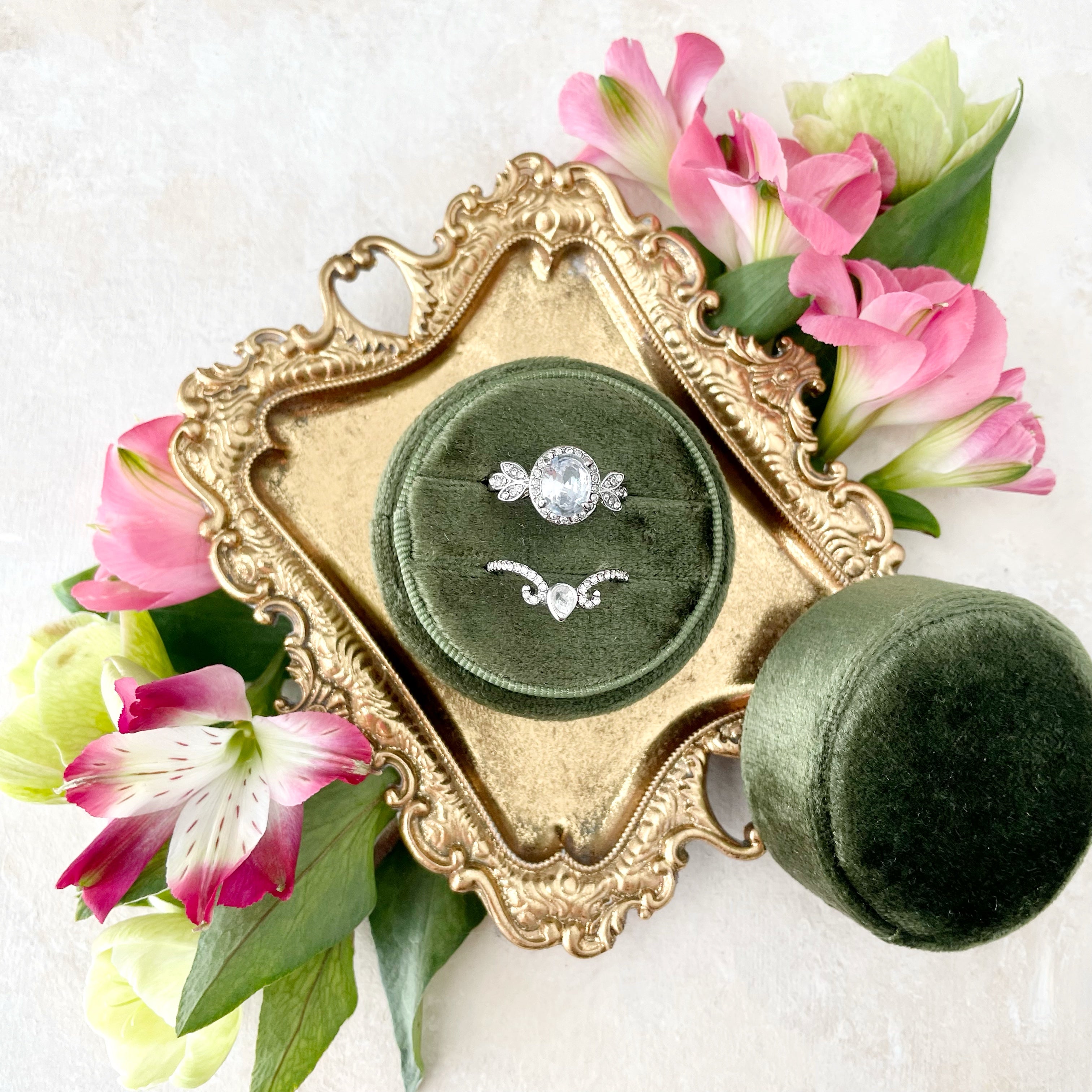 Olive green ring box on gold vintage tray  - must have wedding props from Champagne & GRIT