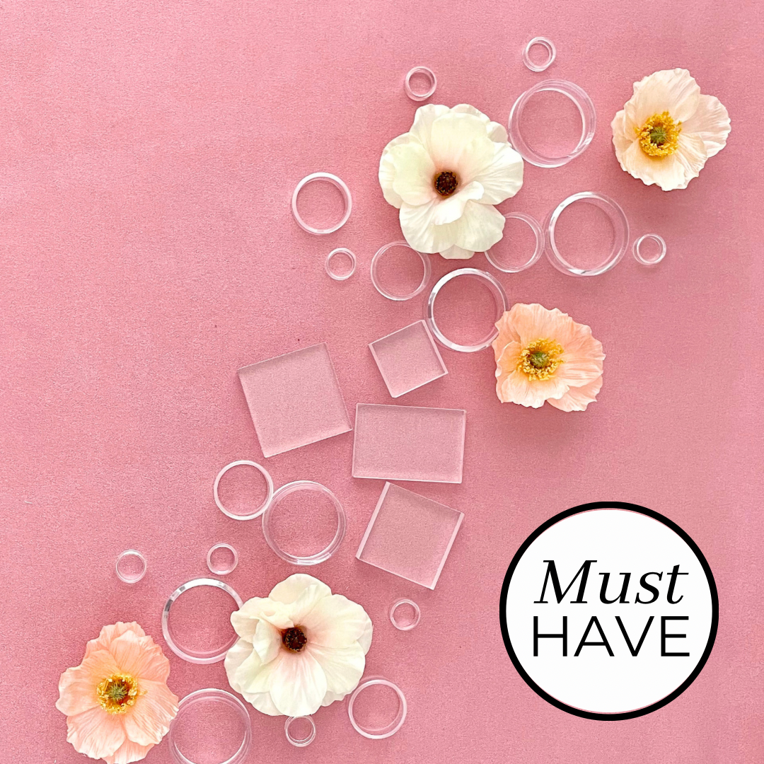 Clear Acrylic Styling Block Set & Floral Risers for Flat Lays on a Dusty Pink Styling Mat a must have for Flat Lays from Champagne & GRIT