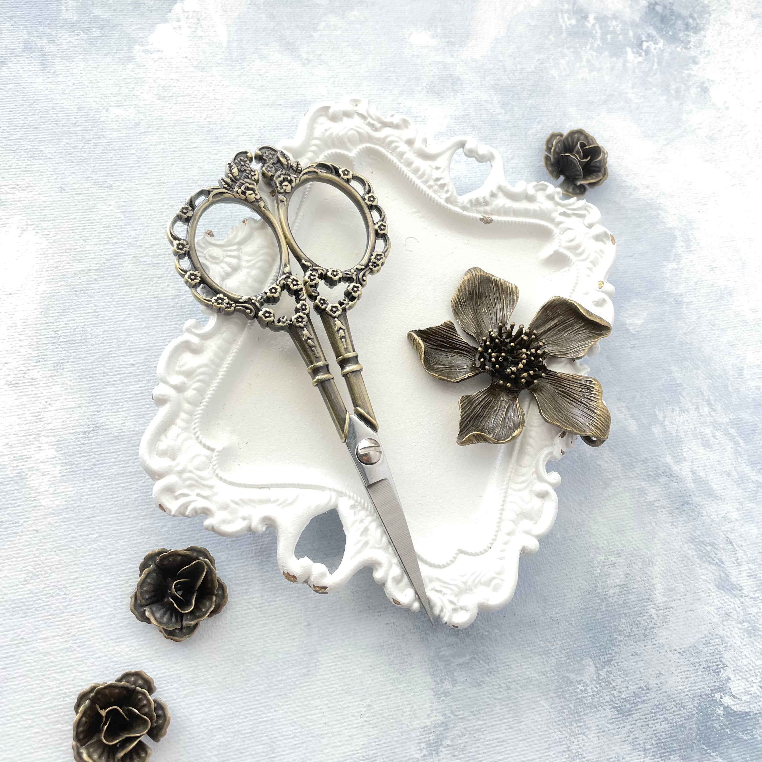 Floral Scissors in ANTIQUED BRASS with SILVER blades-  Wedding Flat lay props from Champagne & GRIT