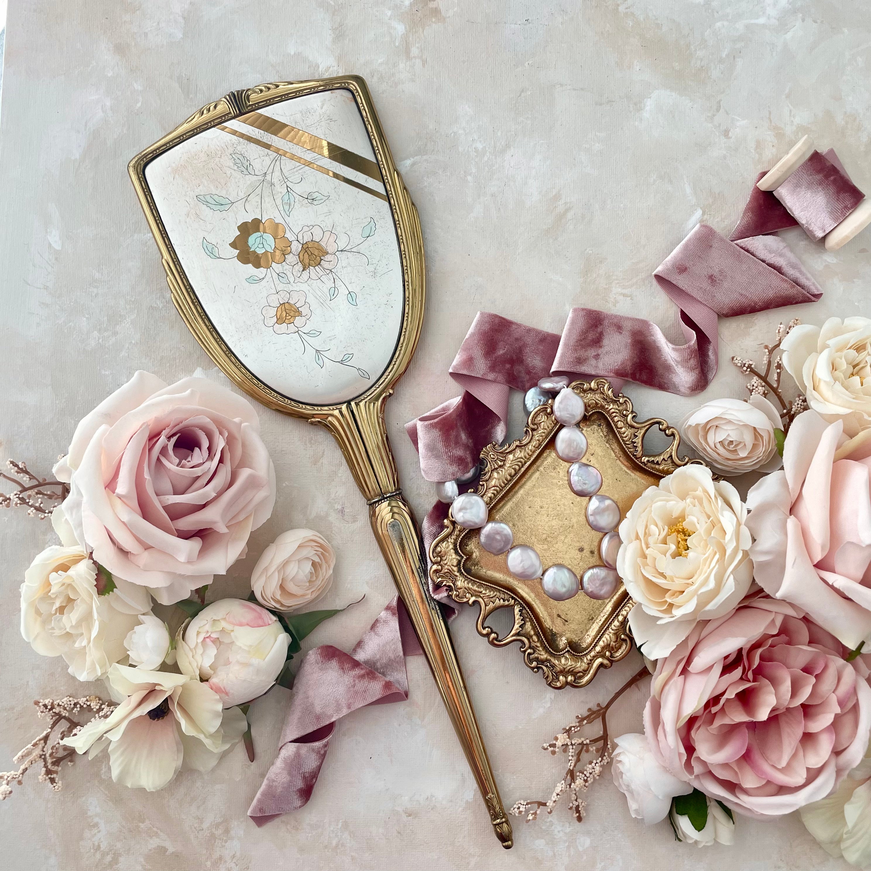 Gold vintage tray for wedding flay lay styled with dusty mauve ribbon, pink and white florals and vintage mirror - Flat Lay Props from Champagne & GRIT