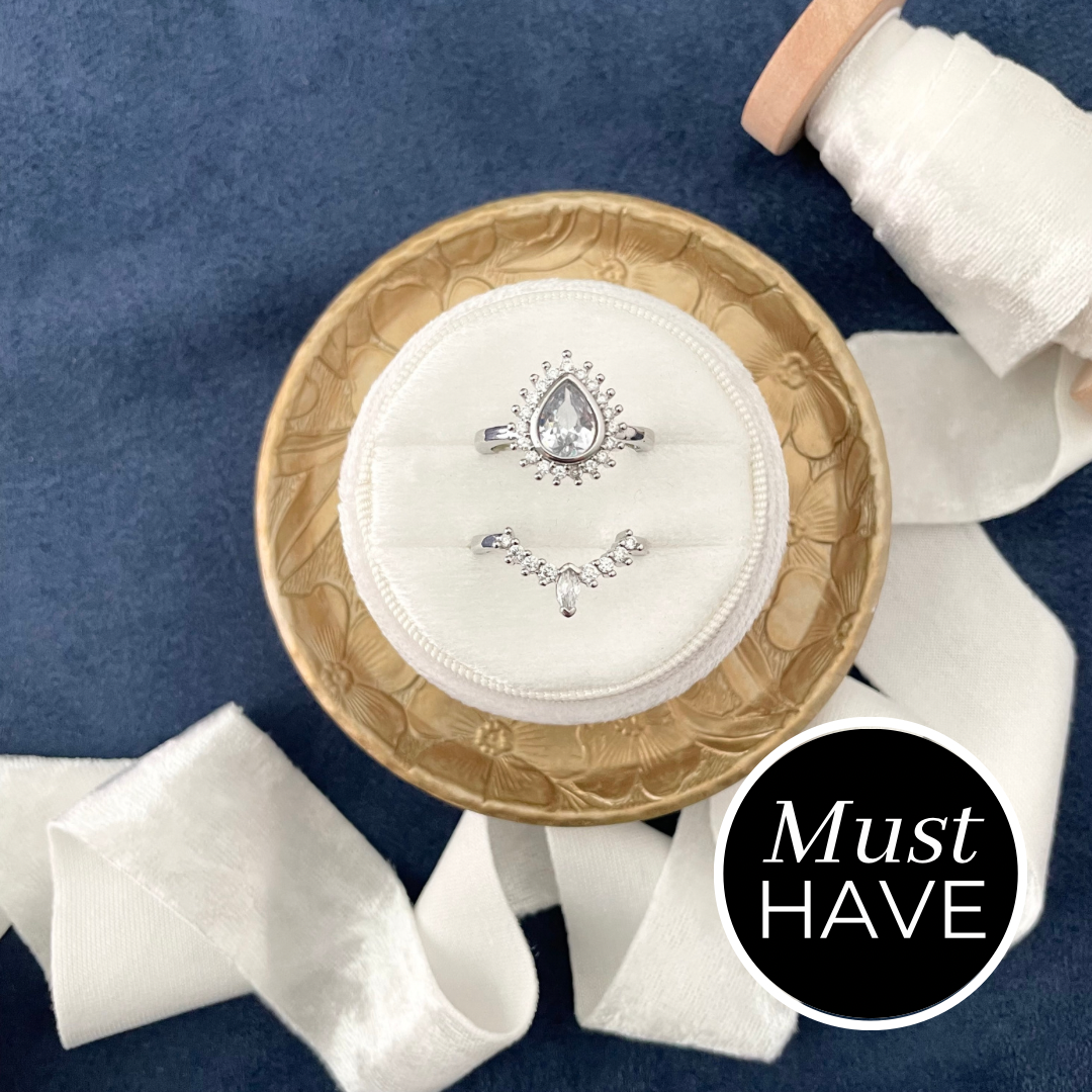 Painted Gold DOGWOOD Dish, ornate gold tray, styled with white velvet ring box and white ribbon must have flat lay props from Champagne & GRIT