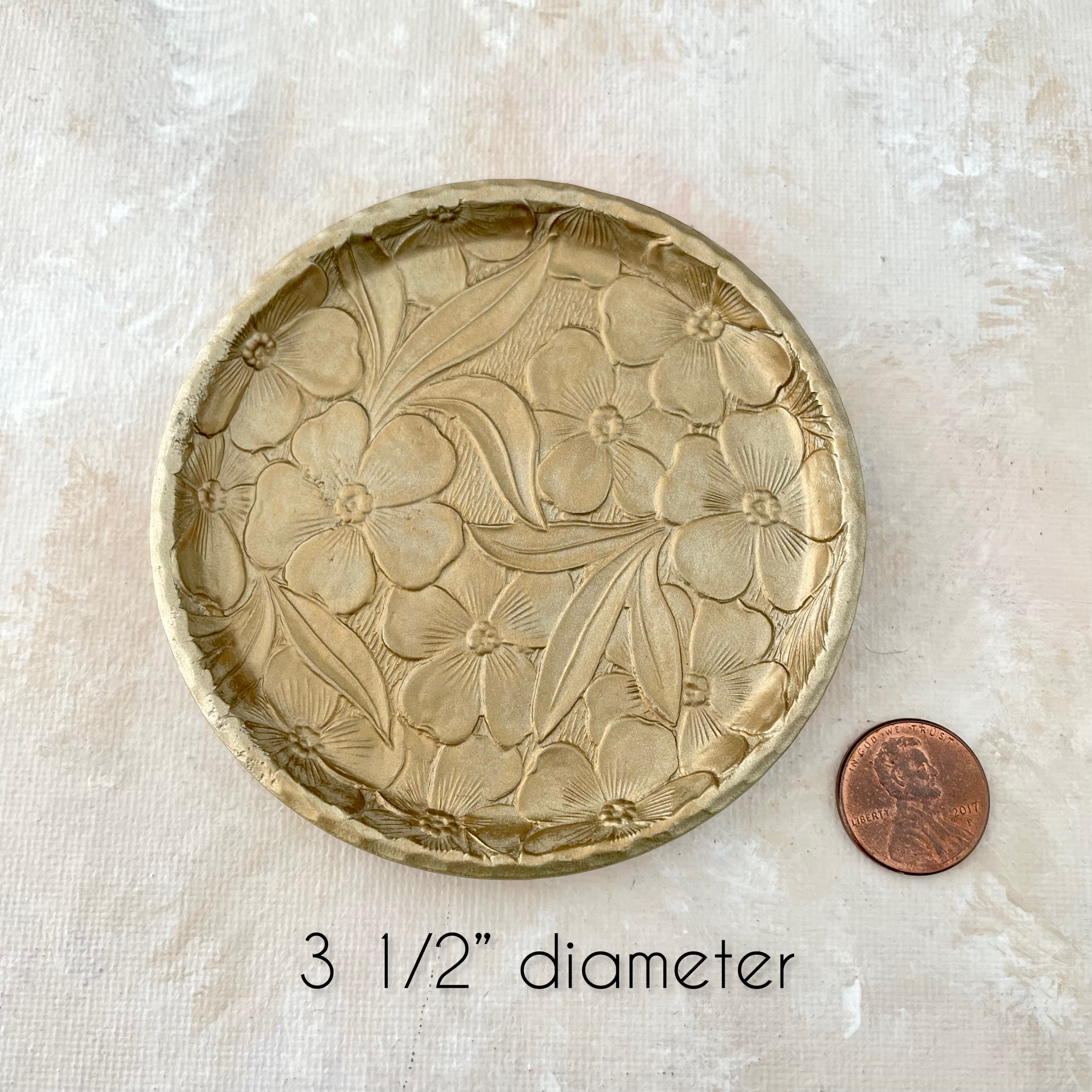 3.5 inch Painted Gold DOGWOOD Dish with penny beside for size reference - Flat Lay Props from Champagne & GRIT