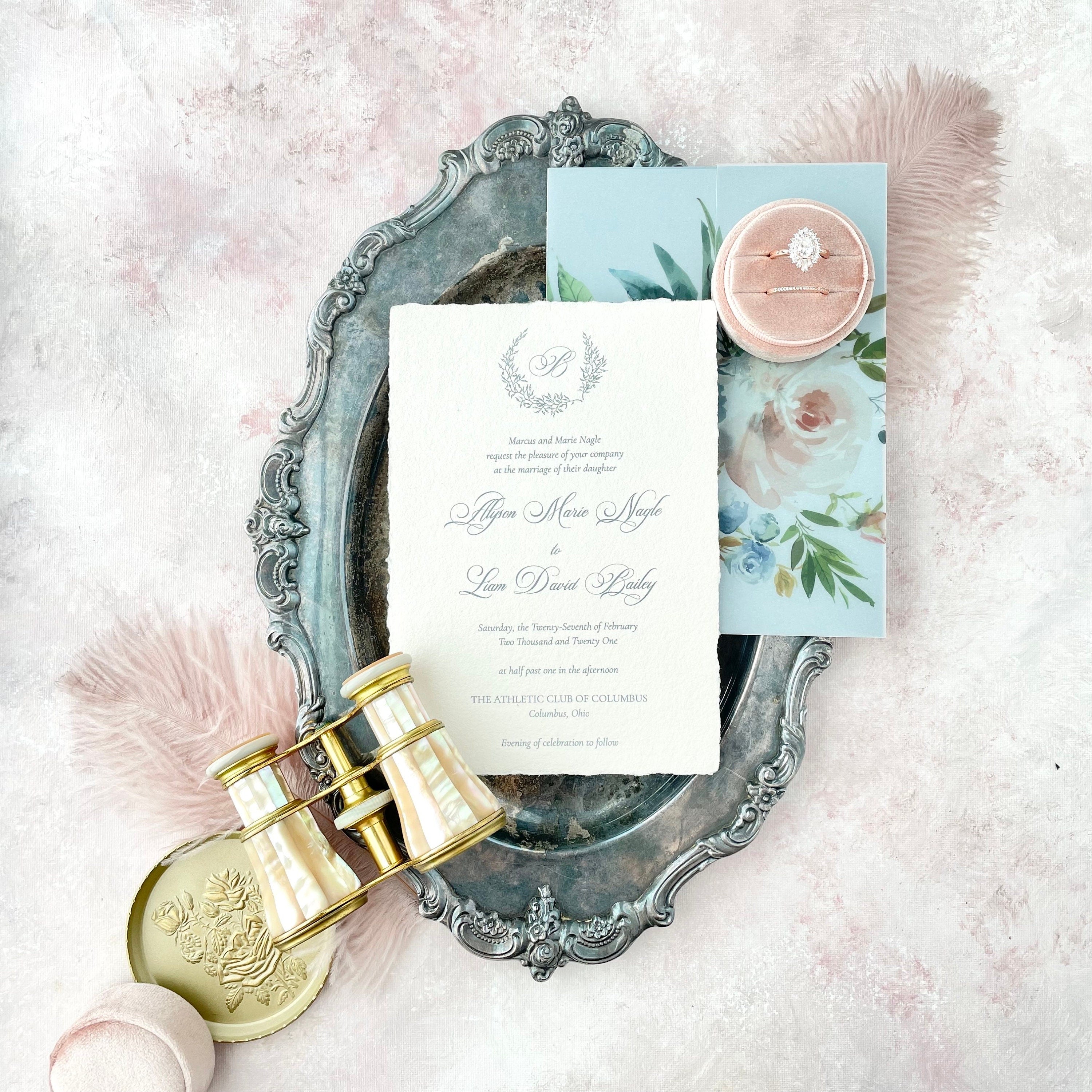 Wedding invitation, dusty pink ring box, and vintage opera glasses on large silver vintage tray - Wedding Flat lay props from Champagne & GRIT